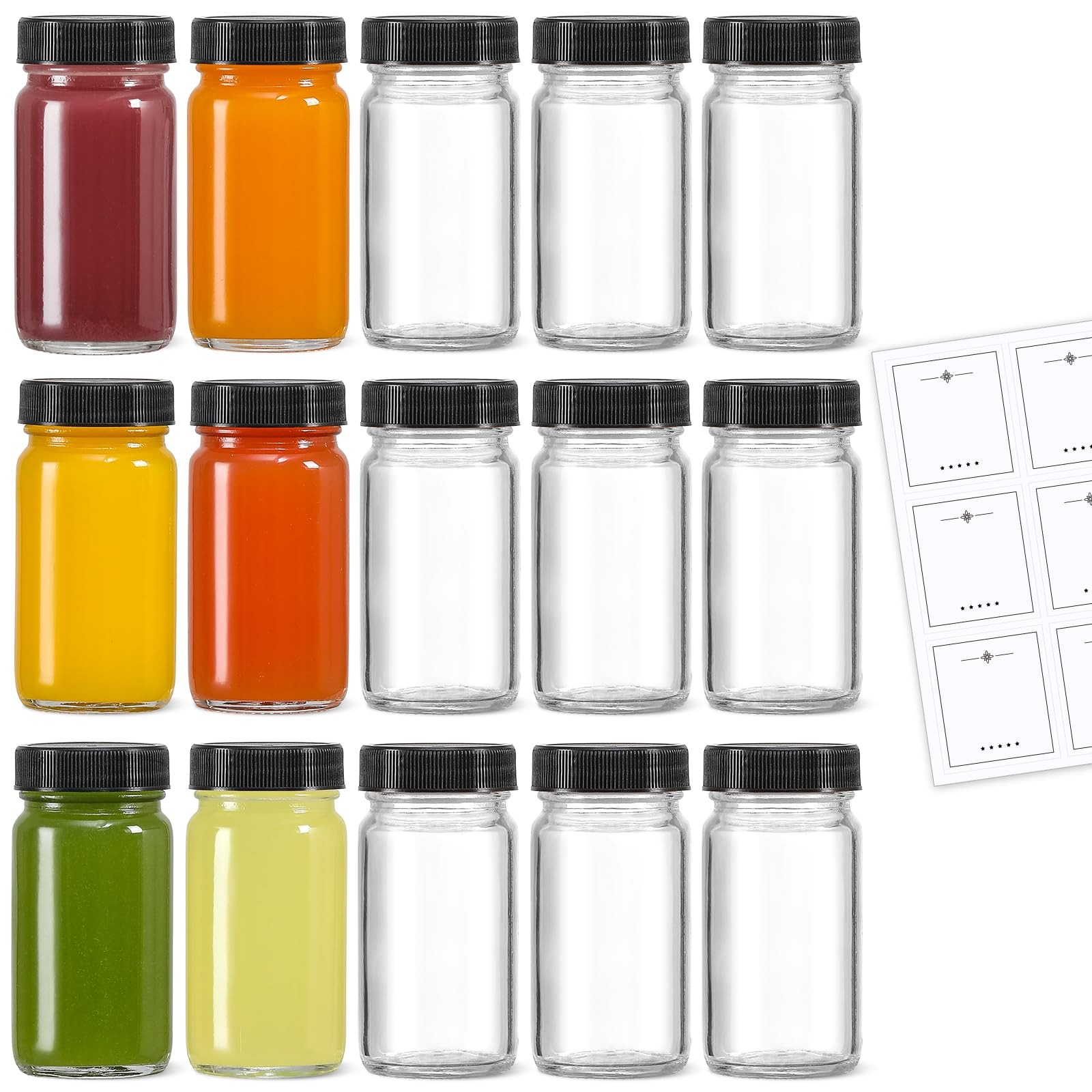 LANDNEOO 15 Pack 2 oz Glass Shot Mini Bottles w/Black 2oz-15 pack, Black Lids