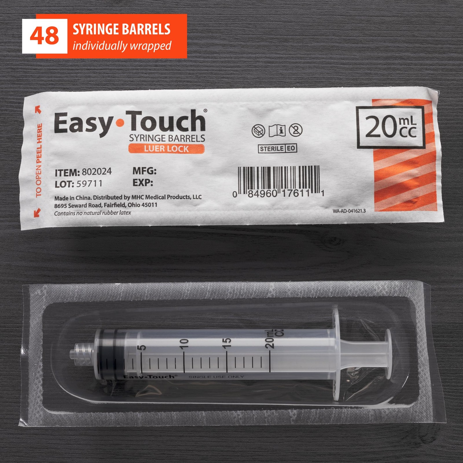 Easy Touch Luer-Lock Syringe Barrel, 20ML Syringe, Pack of 48 20 cc/ml, Blue