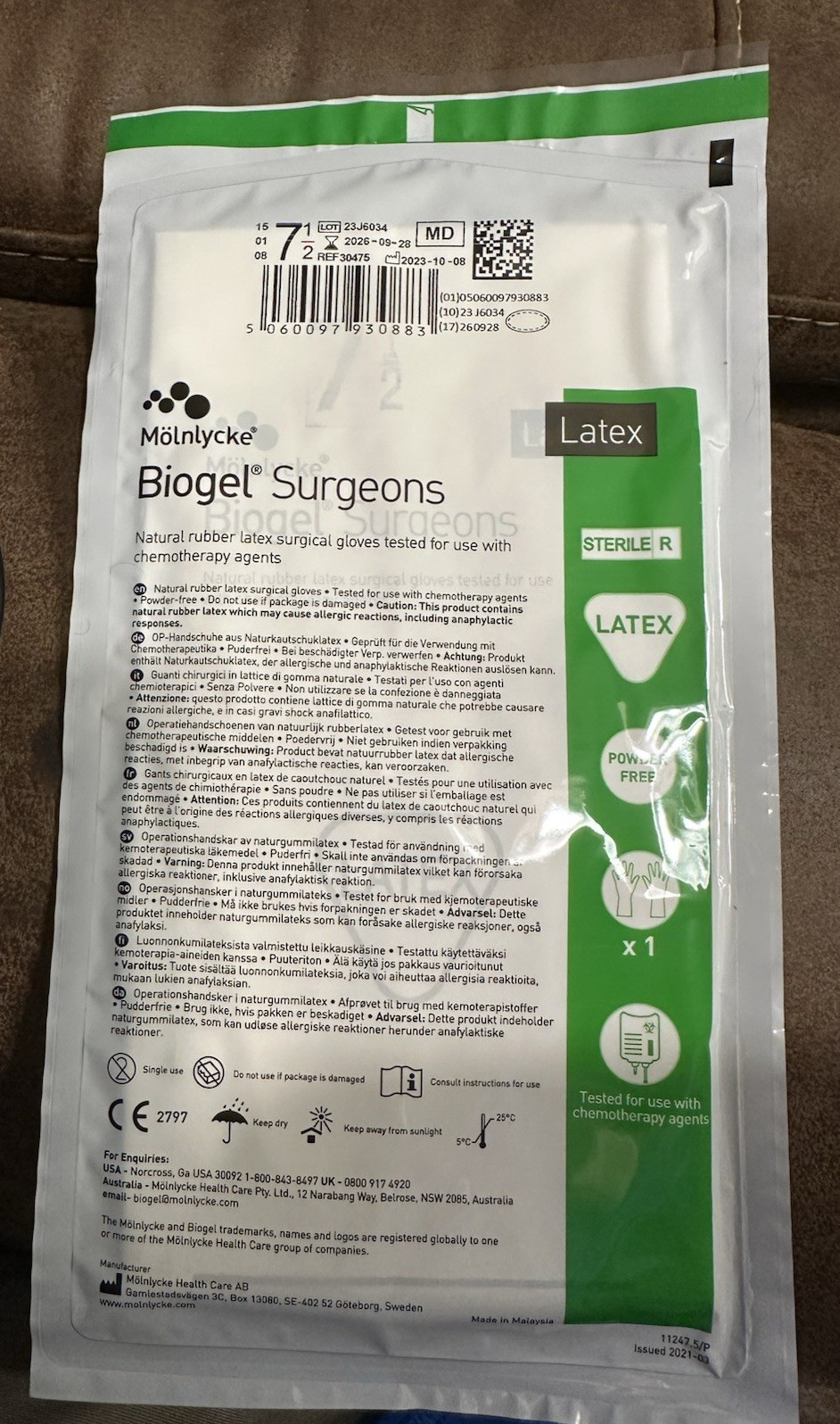 Molnlycke Biogel Surgeons Natural Rubber Latex Powder Free Size 7.5 Gloves 99prs