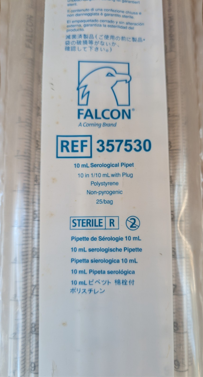 10 mL Serological Pipettes Sterile Falcon 357530 Graduated Lab Pipette 25/Bag