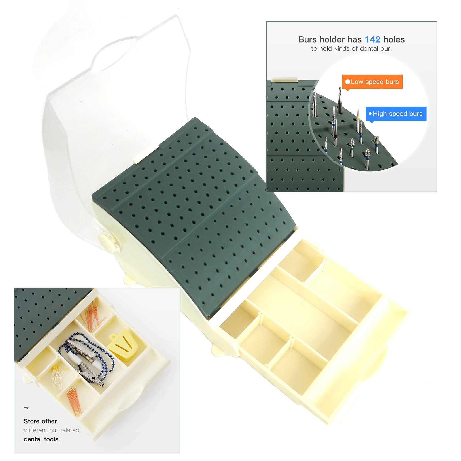 142 Holes Dental Bur Holder Disinfection Box, Bur Block Organizer with Cover