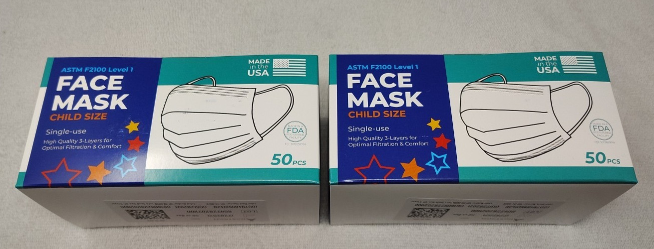 100 New BRS Brand Child Size Face Masks (2 boxes: 50 masks per box)
