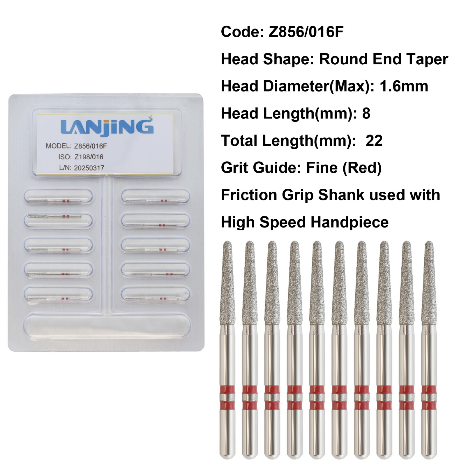 Dental Diamond Bur Z856/016F Zirconia Round End Taper Fine Grit FG High Speed