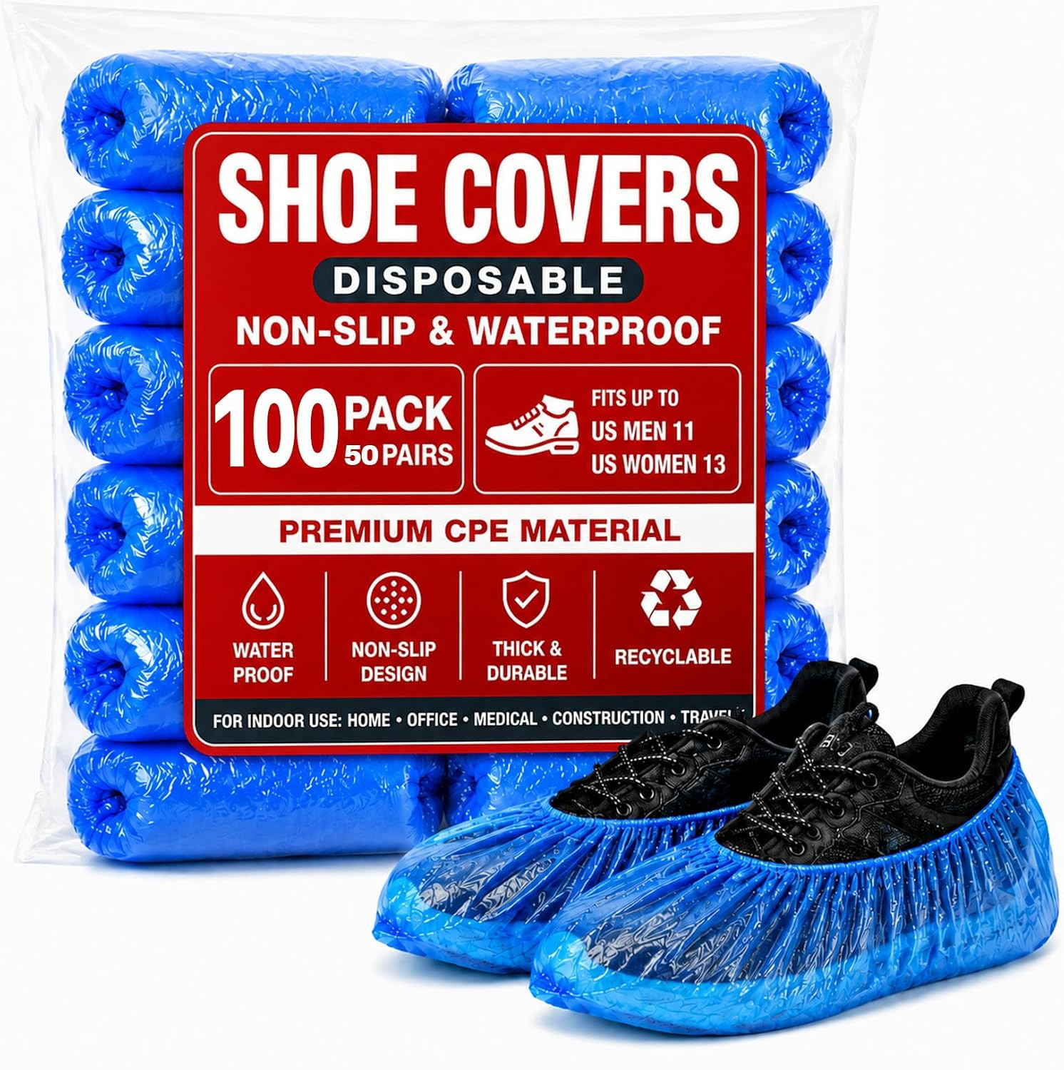 MAQIHAN 100 Pack Shoe Covers Disposable – Non Slip Plastic Booties Covers | Foot