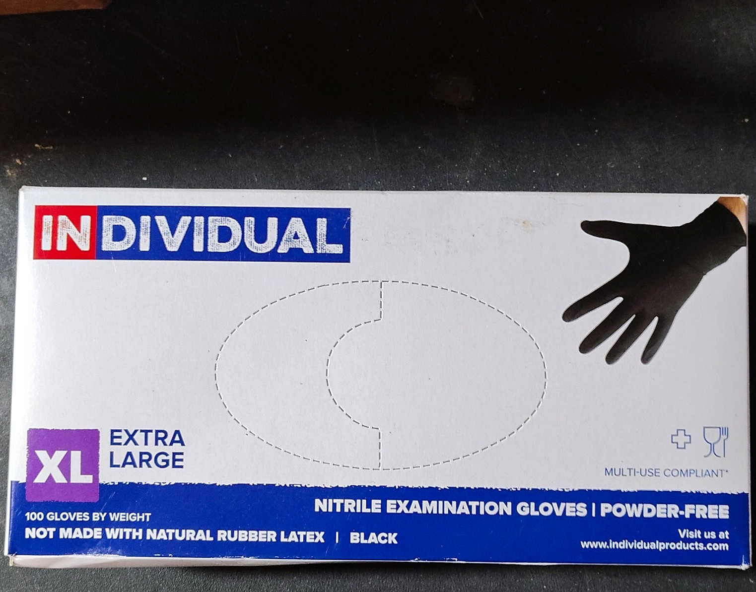 INDIVIDUAL Nitrile Exam Gloves Powder-Free Black XL Extra Large 100 Count