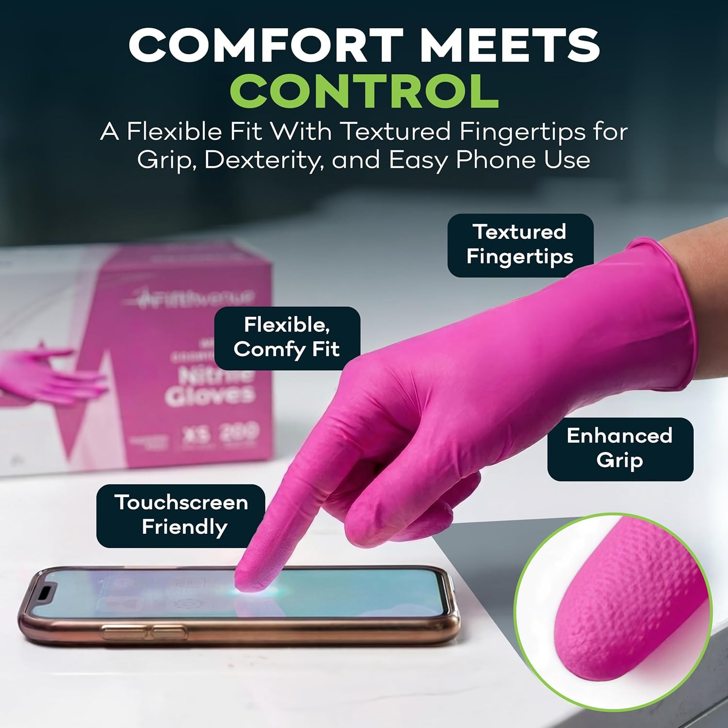Fifthpulse Fuchsia Hot Pink Nitrile Disposable Gloves -3 Mil Medical Exam Nitril