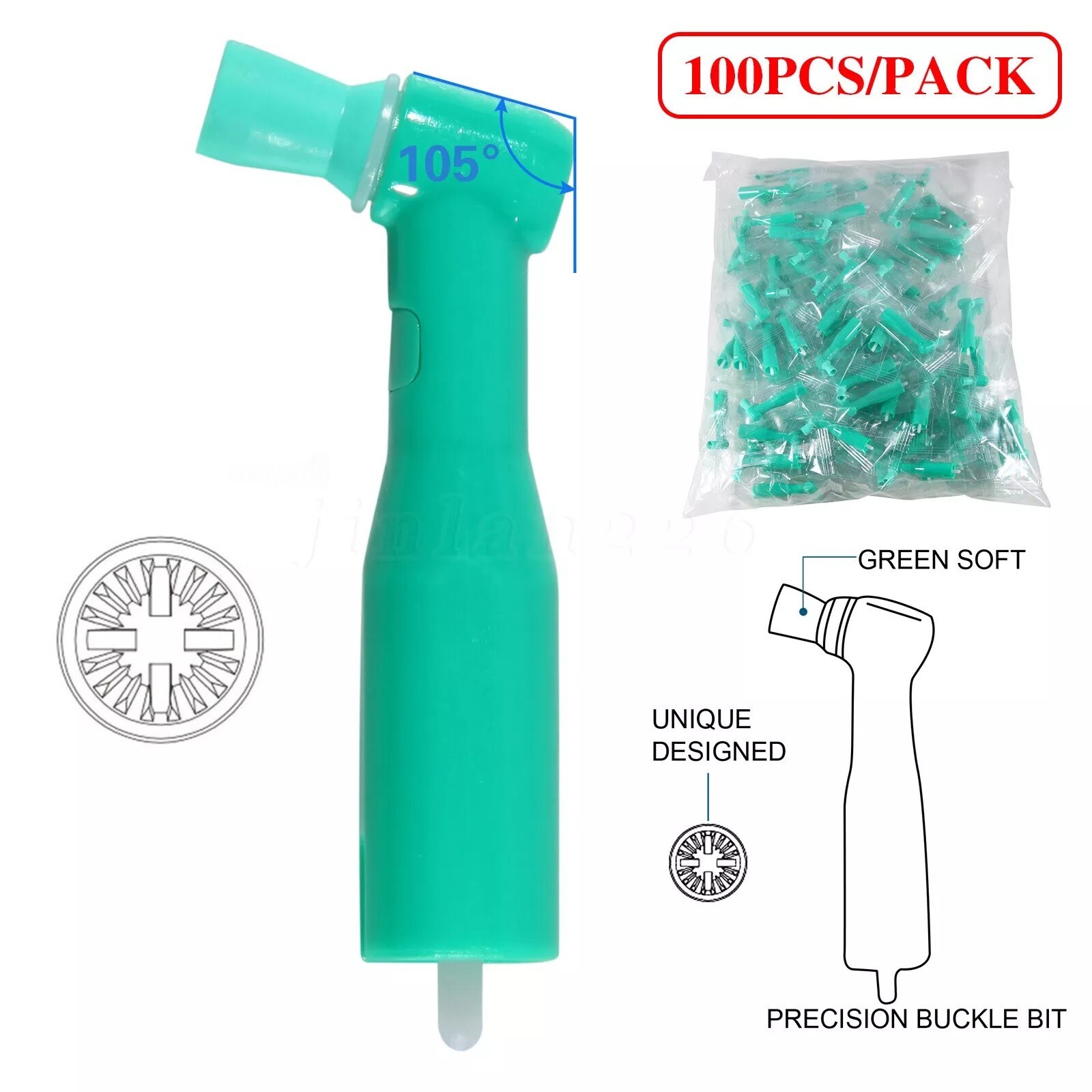 100 pcs Dental Disposable Prophy Angles soft 105° angle -Latex Free green USA