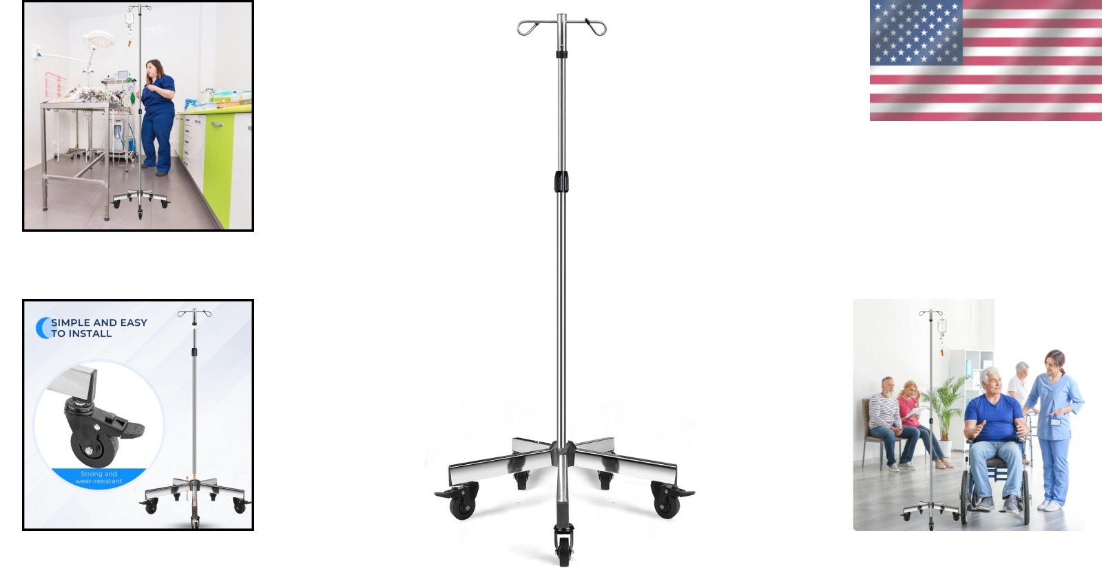 Adjustable IV Pole with 5-Wheel Base & Detachable Hooks – Ideal for Home Care