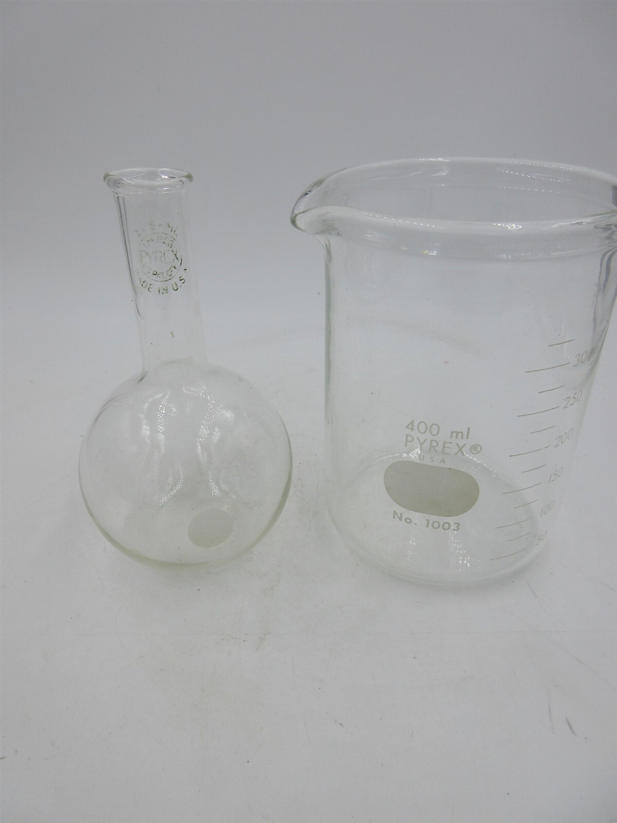 lot of 2 vintage PYREX Flat bottom boiling flask, 400 ml No. 1003