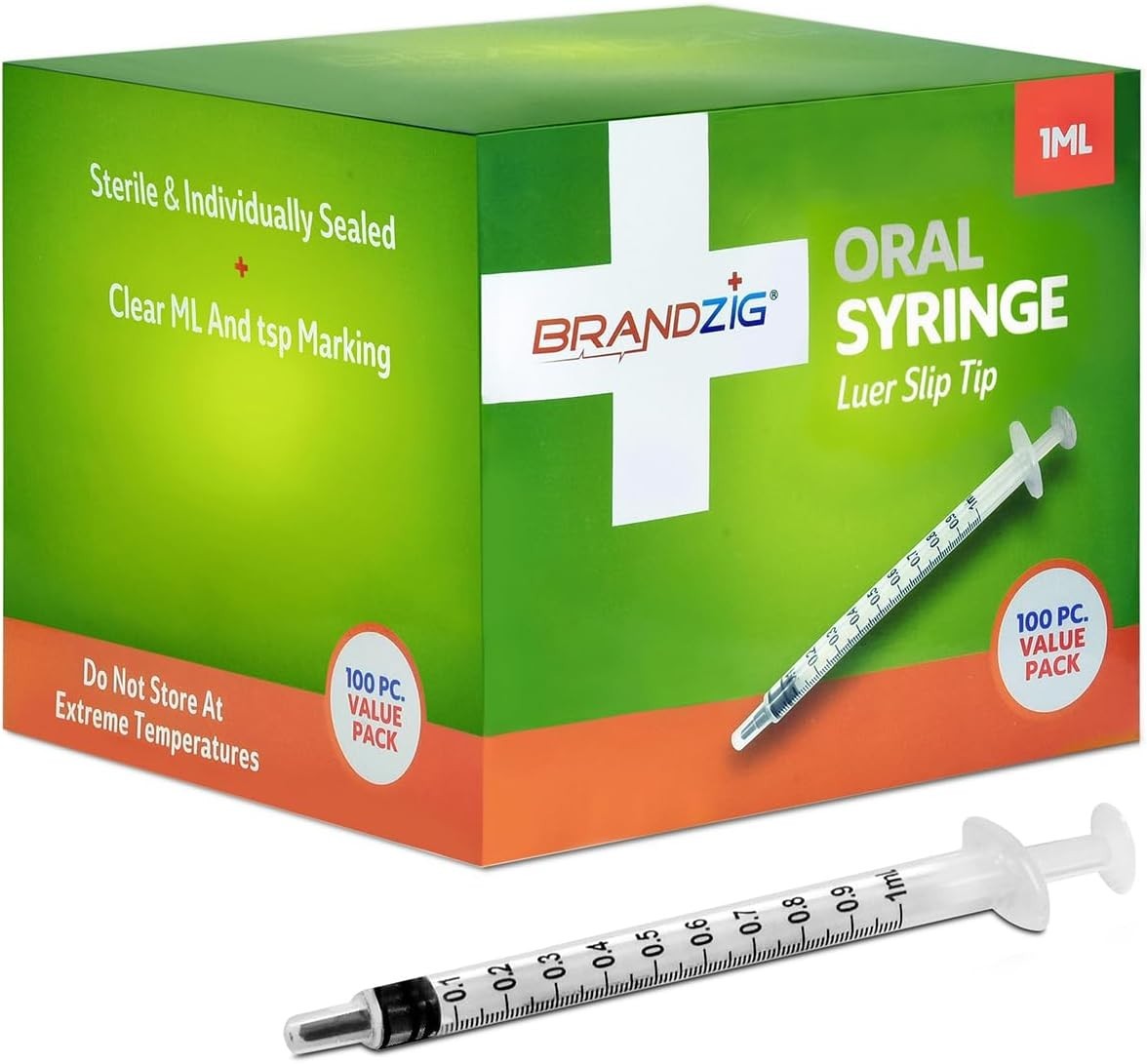 1Ml Syringe with Cap (100 Pack) | Oral Dispenser without Needle, Luer Slip Tip,