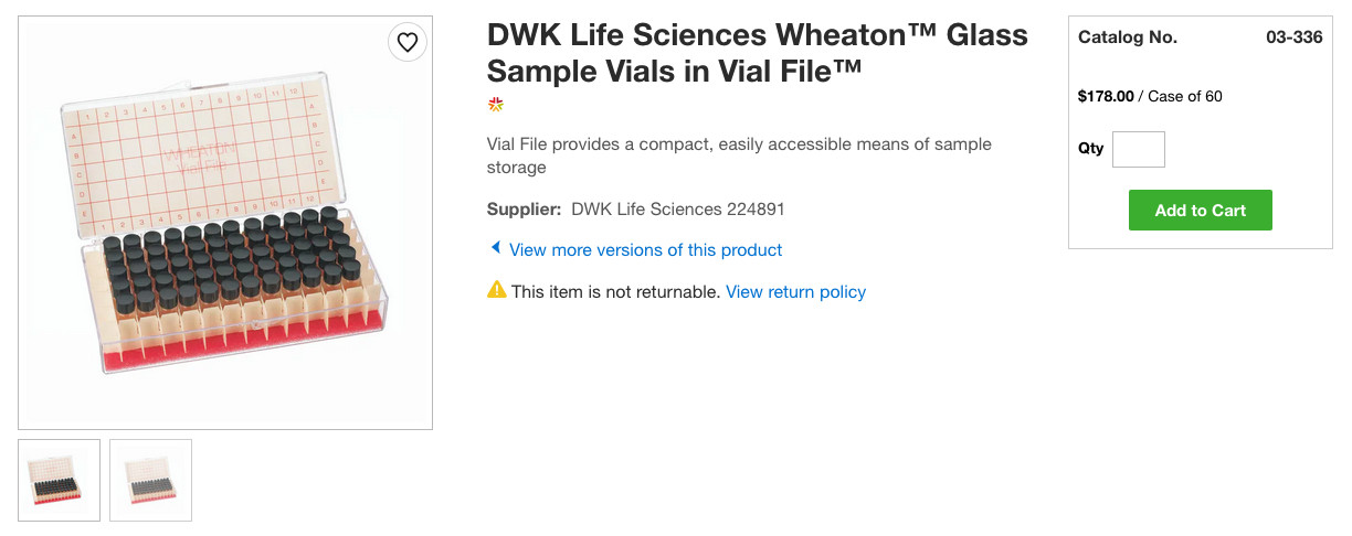 DWK Life Sciences Wheaton™ Glass Sample Vials in Vial File, Cat. #03336