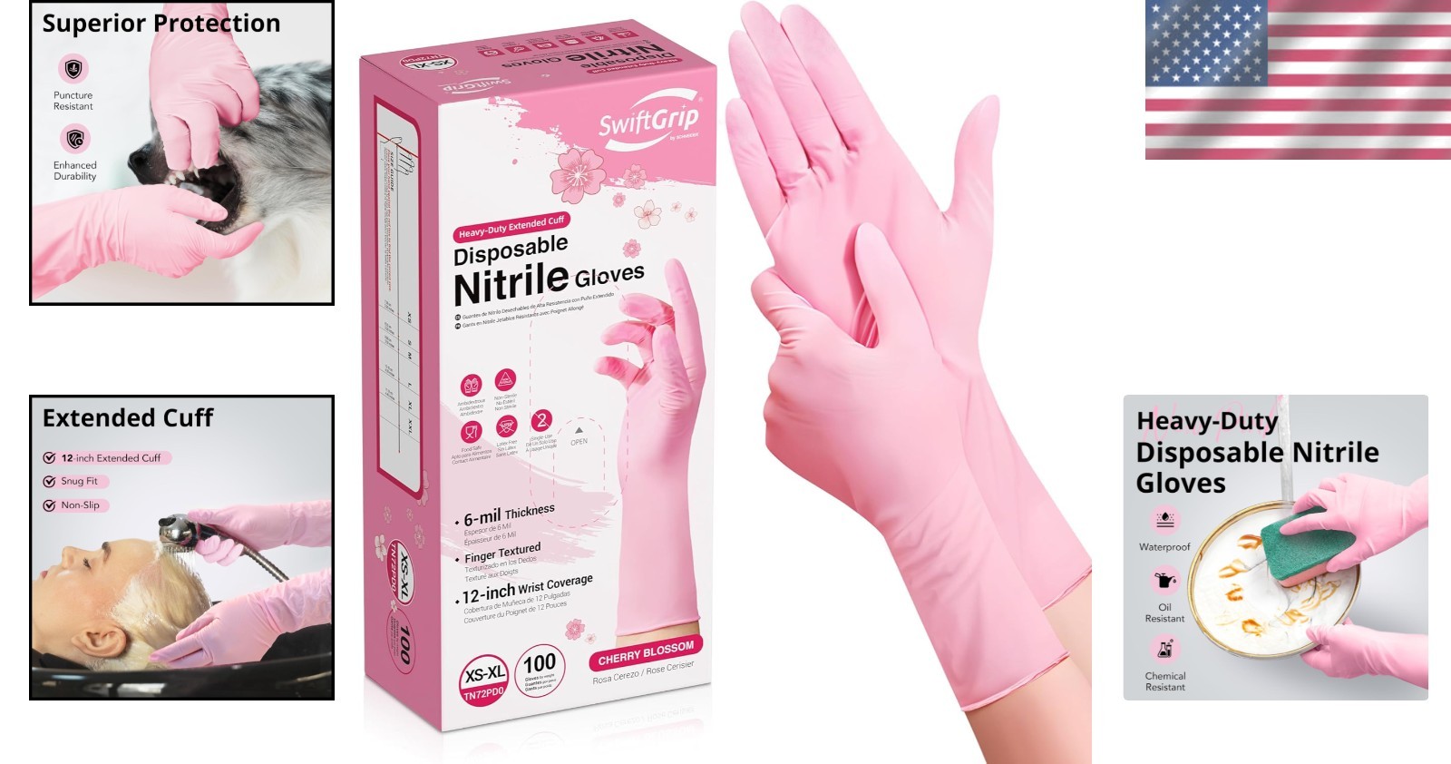 Waterproof Nitrile Dishwashing Gloves, Cherry Blossom, 6-mil