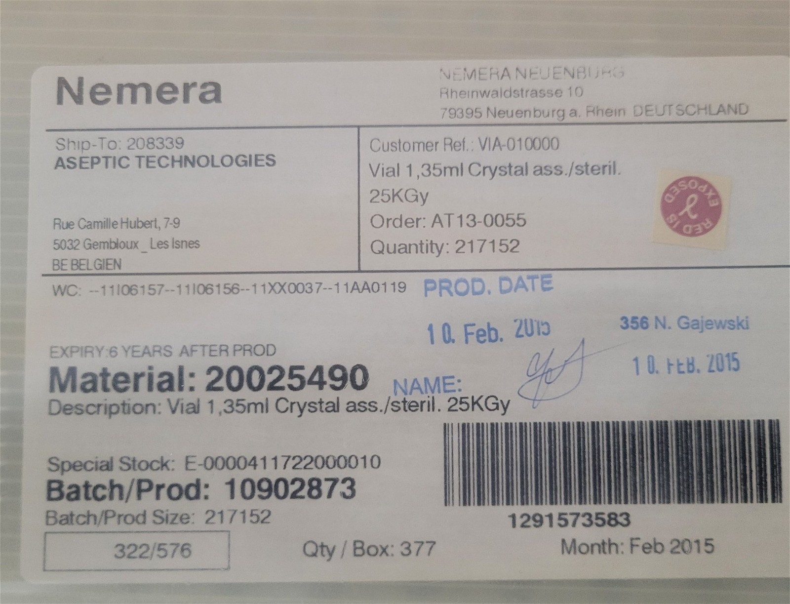 1 tray, 377 Aseptic Technologies AT-1 ml closed vials