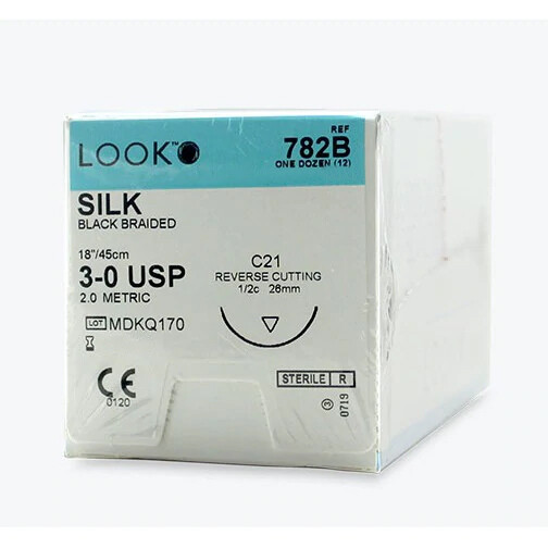 Look 782B Silk Black Braided Reverse Cutting Sutures C21 1/2 Circle 3-0 18″ 12Bx