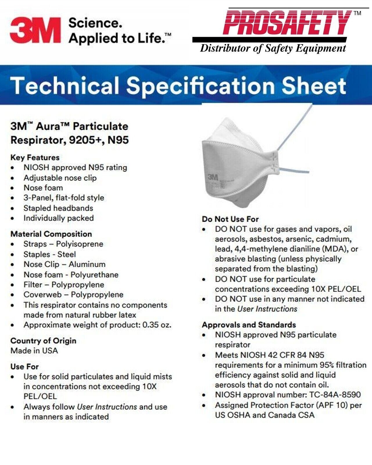 N95 NIOSH Particulate Respiratory Protection MASKS USA MADE 3M 9205+ AURA