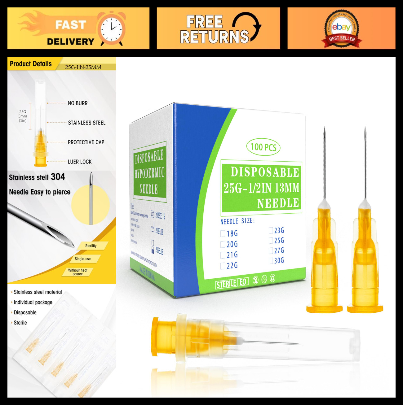 100 Pack 25Ga 25mm Disposable Syringes for Scientific & Industrial Use, Individu