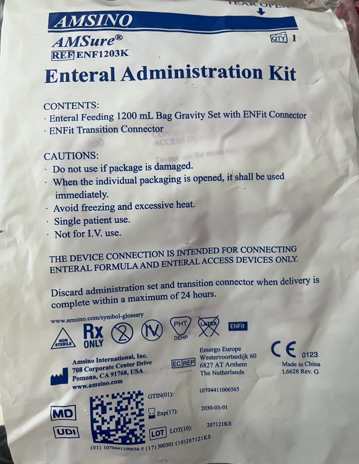 Amsino AMSure ENFIT Feed Bag (3 Sets) 1200mL Exp 03/2030 SEALED