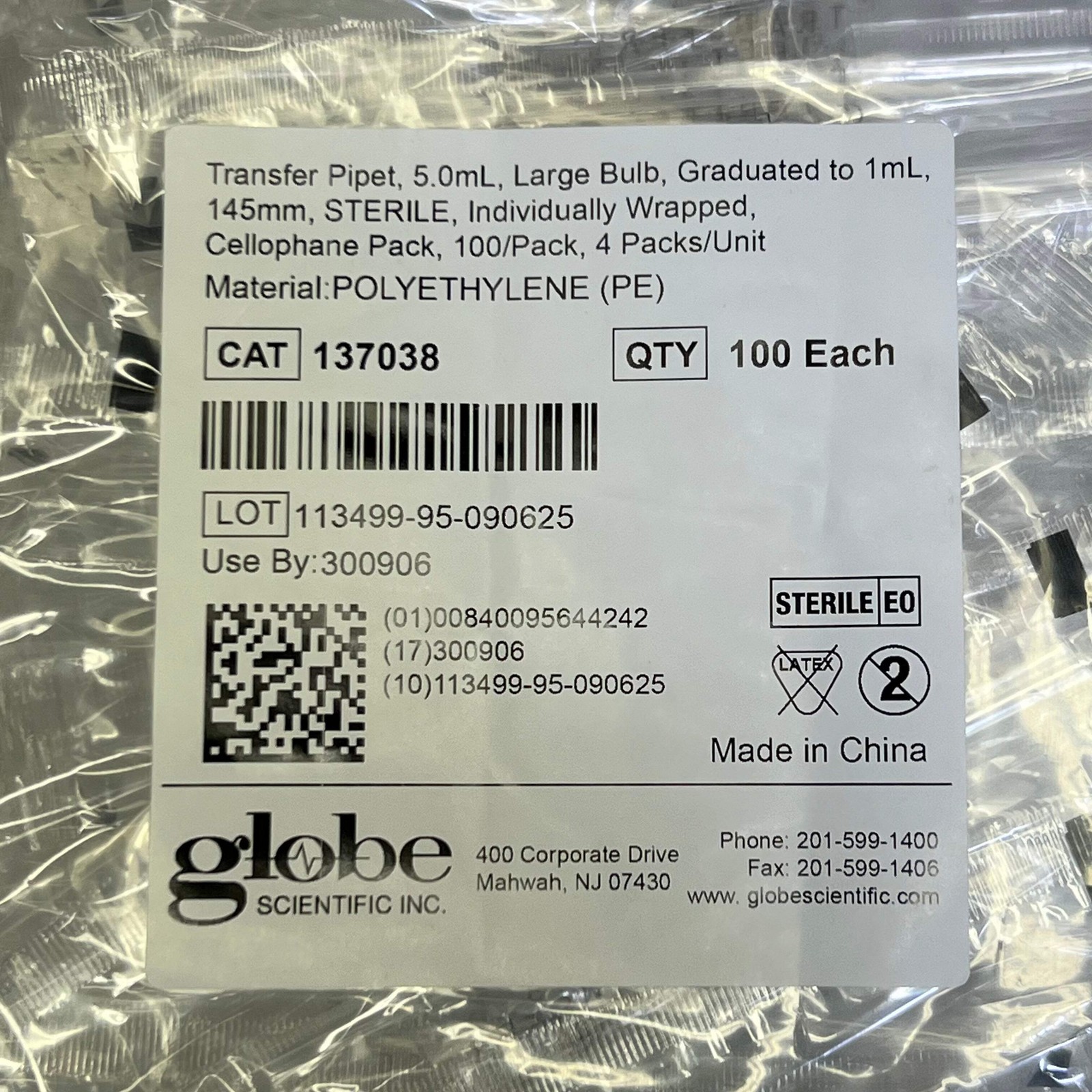 GLOBE SCIENTIFIC (100 PACK) Transfer Pipet Polyethylene Clear Large Bulb 5.0mL 1