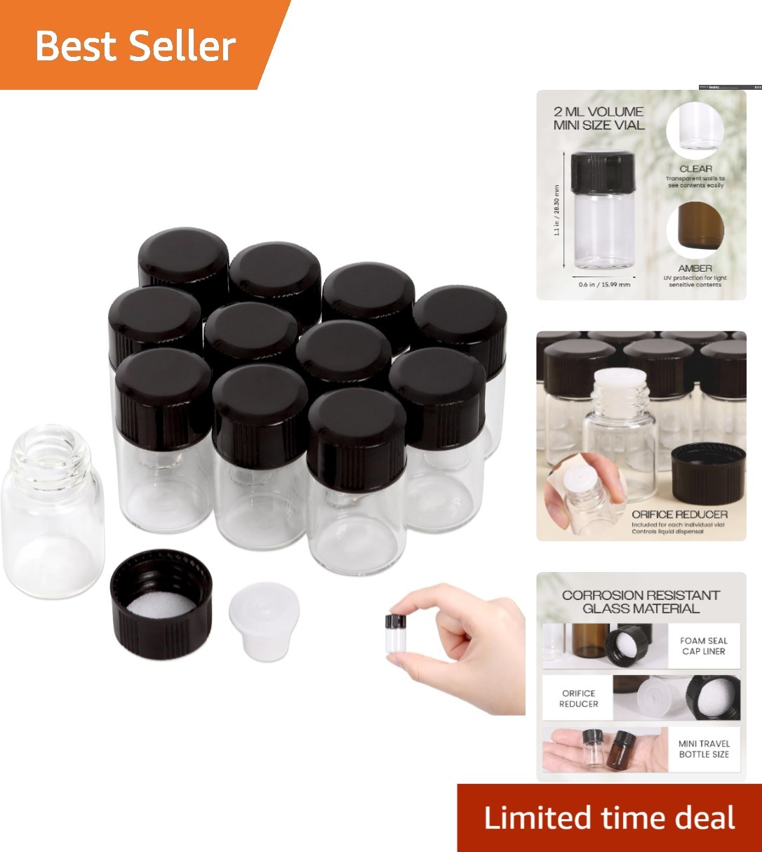 Reusable 2ML Clear Glass Vials (12 pcs) with Orifice Reducers – Perfect for Oils