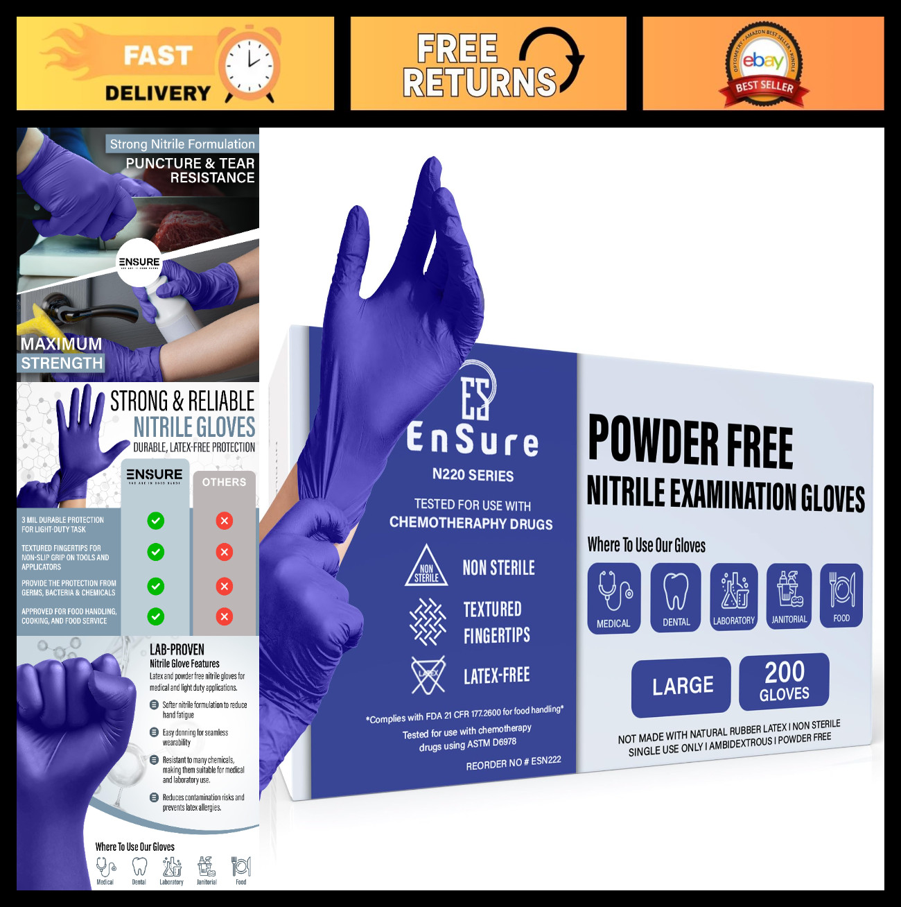 Light-Duty Blue Nitrile Gloves 3 Mil – Disposable, Powder-Free, Chemo-Rated, Lar