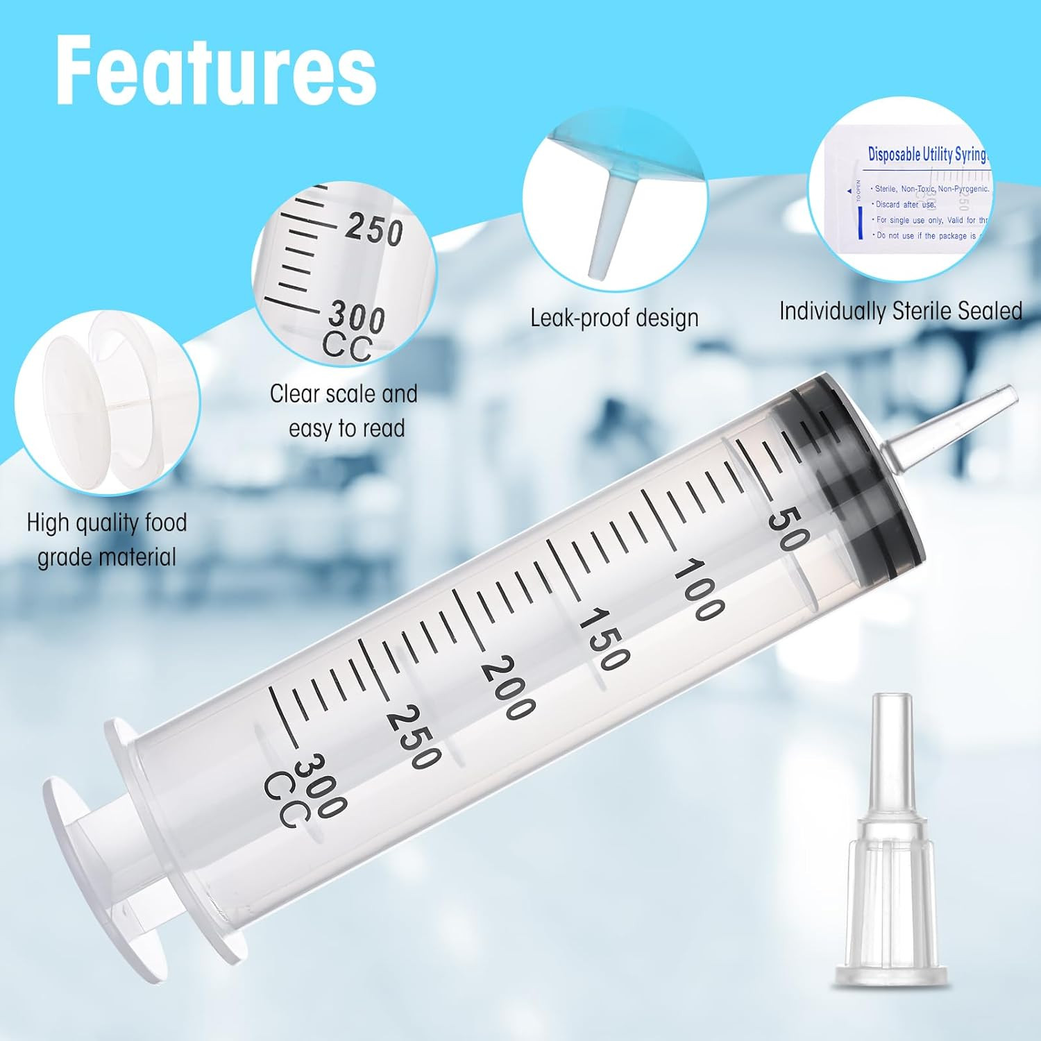 300ml Syringes without Needle for Liquid, Large Plastic Syringe with Adapter for