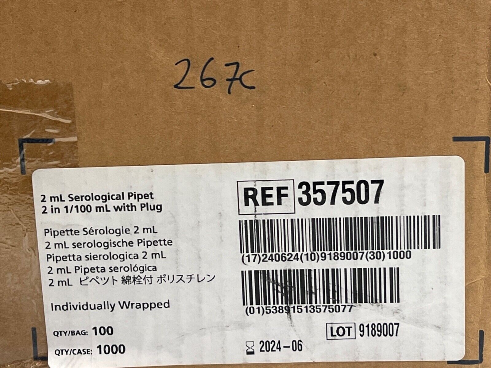 Corning Falcon REF 357507 Serological 2mL Pipet 2 in 1/100mL w/Plug 1000/Cs