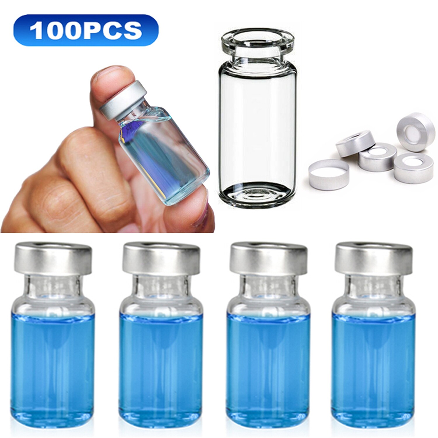 100pcs 10ml Capacity Clear Sample Vials+Caps Glass Bottle Crimp Top Beveled Edge