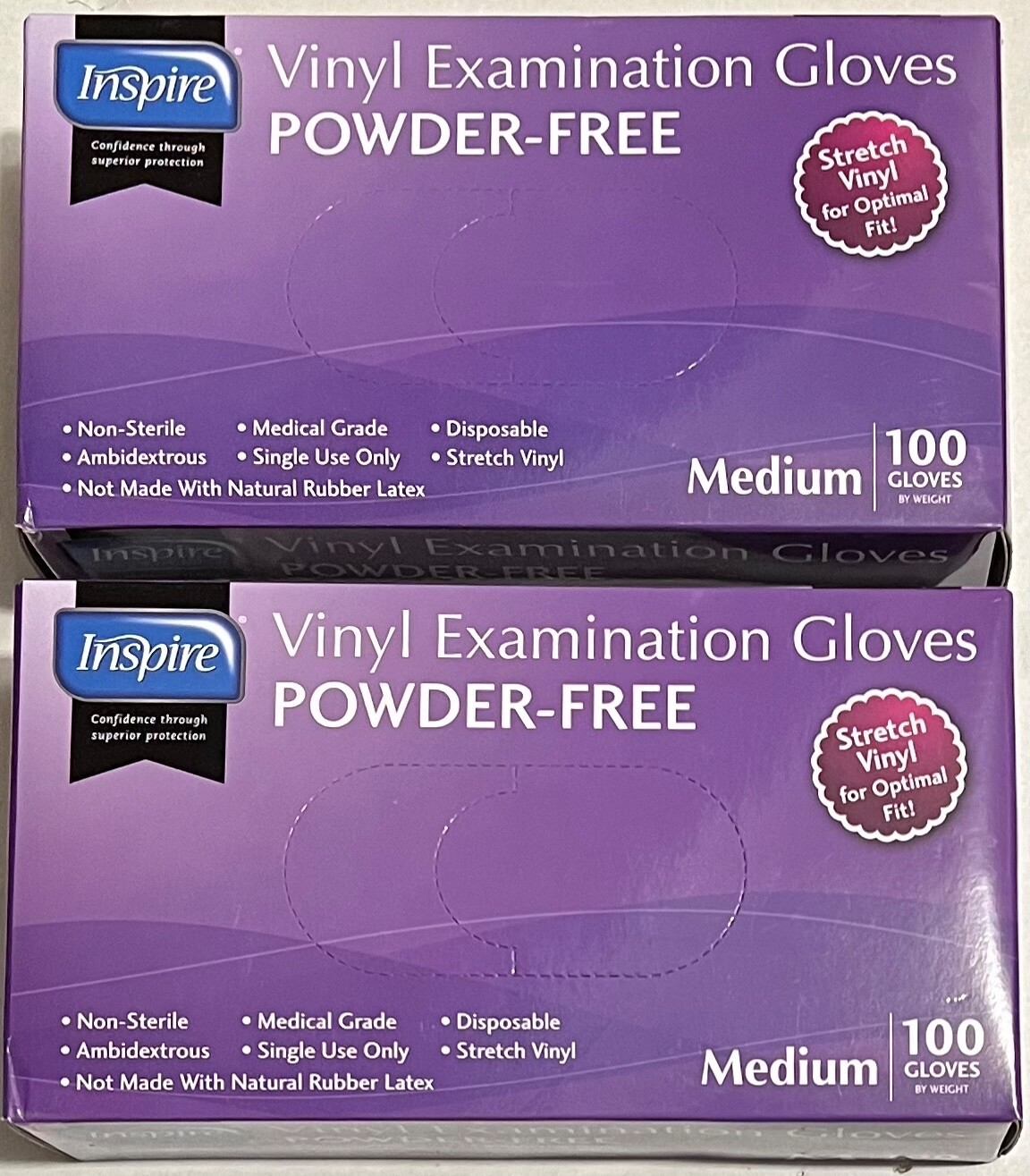 Inspire Stretch Vinyl Examination Gloves Powder Free Medium 100 Gloves X 2 Boxes