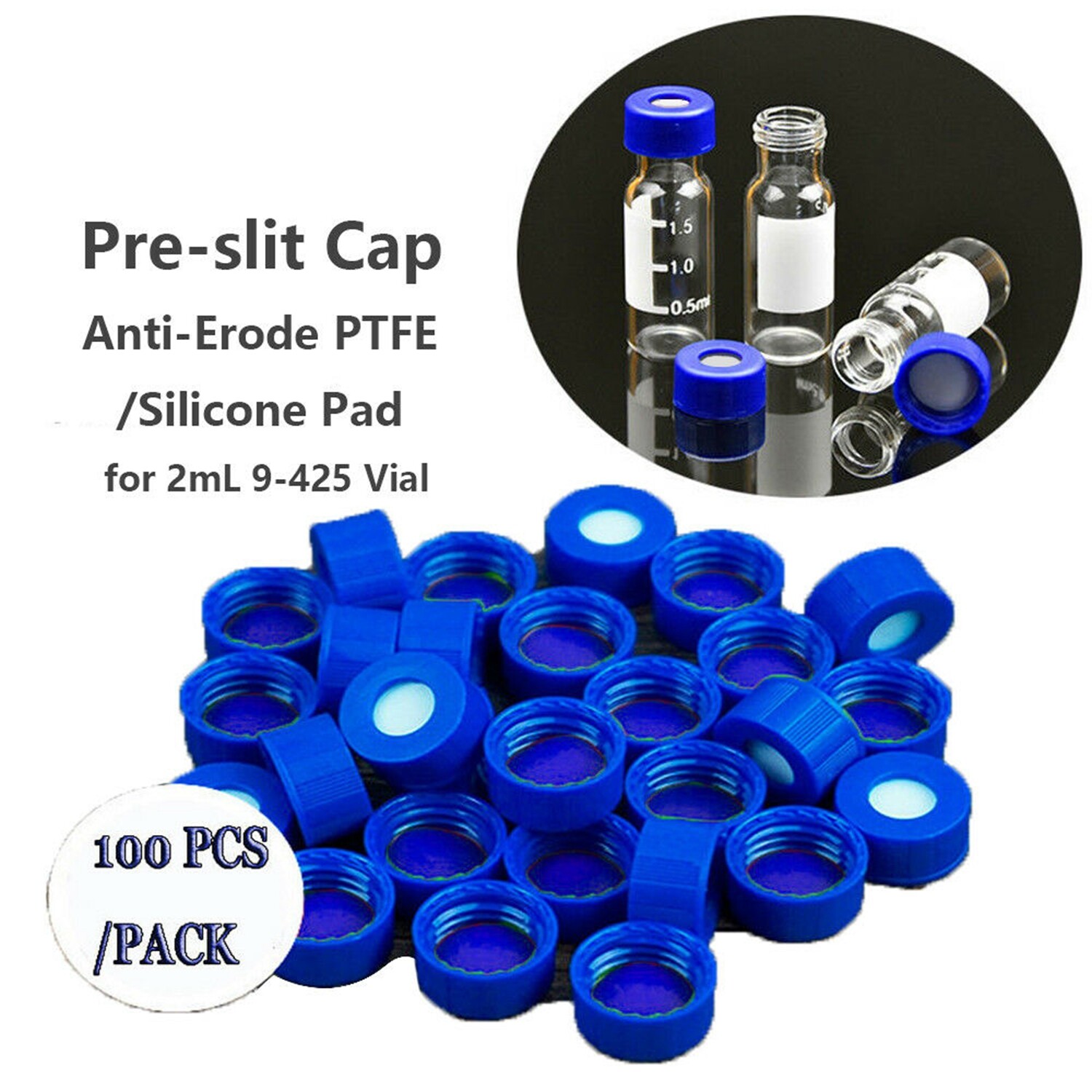 1000x 9-425 Screw Thread Vial Caps 9mm PTFE/Silicone Septa for Autosampler HPLC