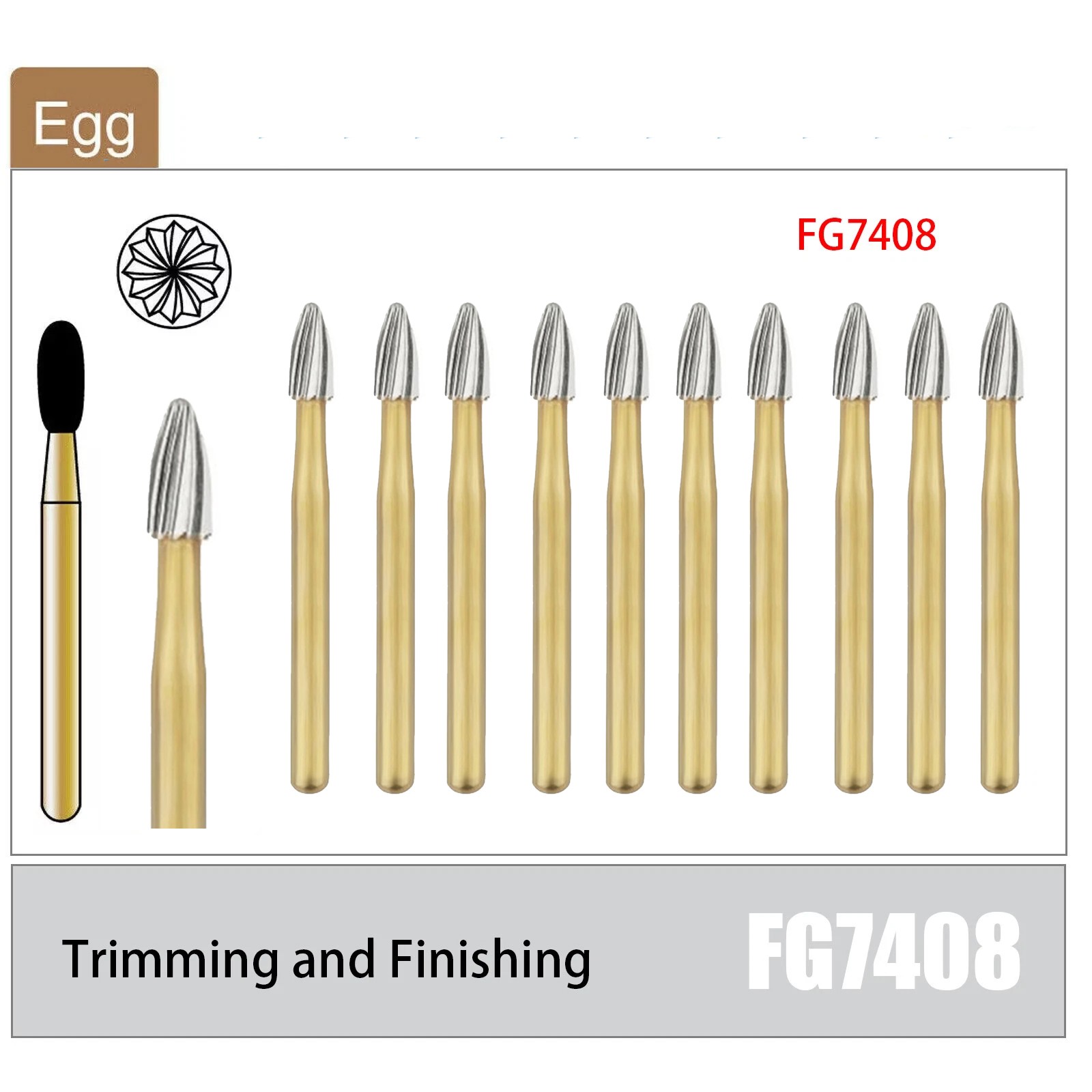10Pcs Dental Gold Carbide Burs Trimming Finishing Polishing Egg Football FG 7408