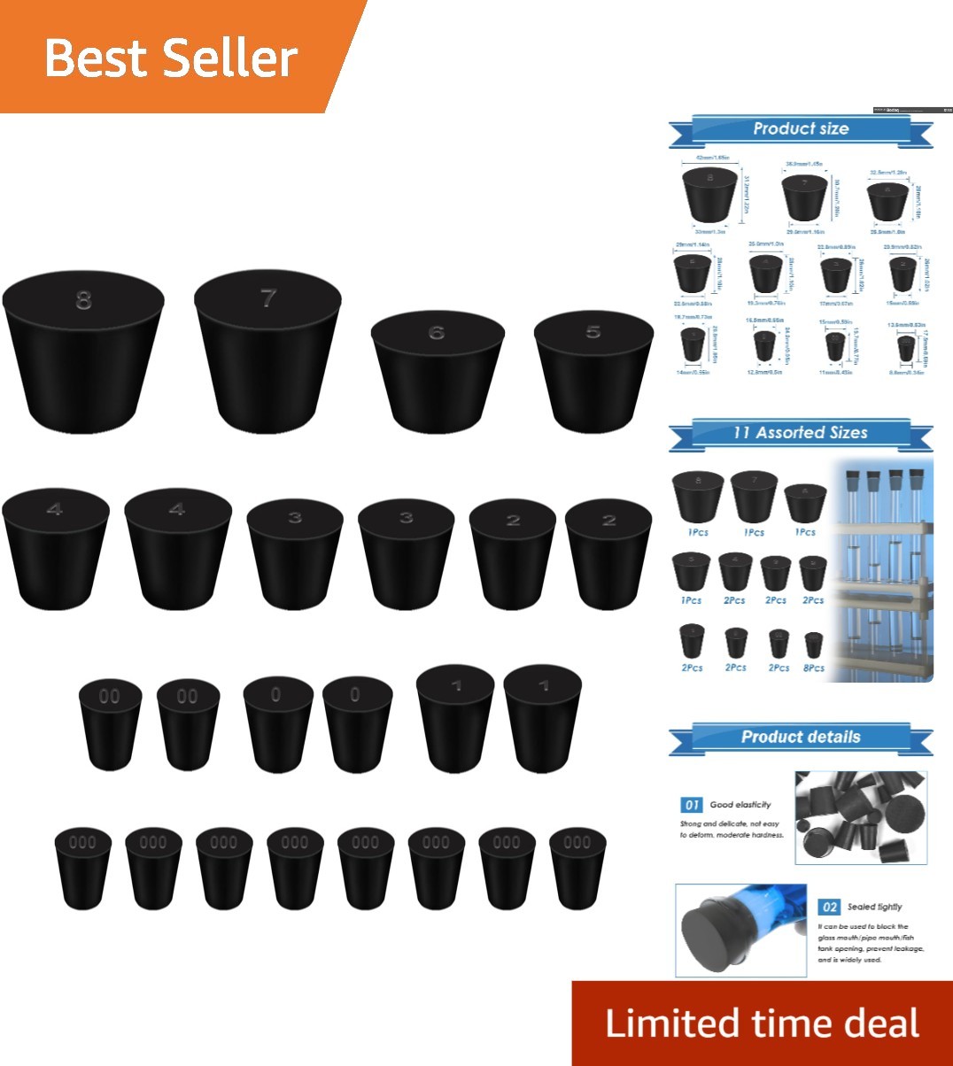 Rubber Stoppers – 24Pcs, 11 Sizes for Optimal Sealing in Labs & More