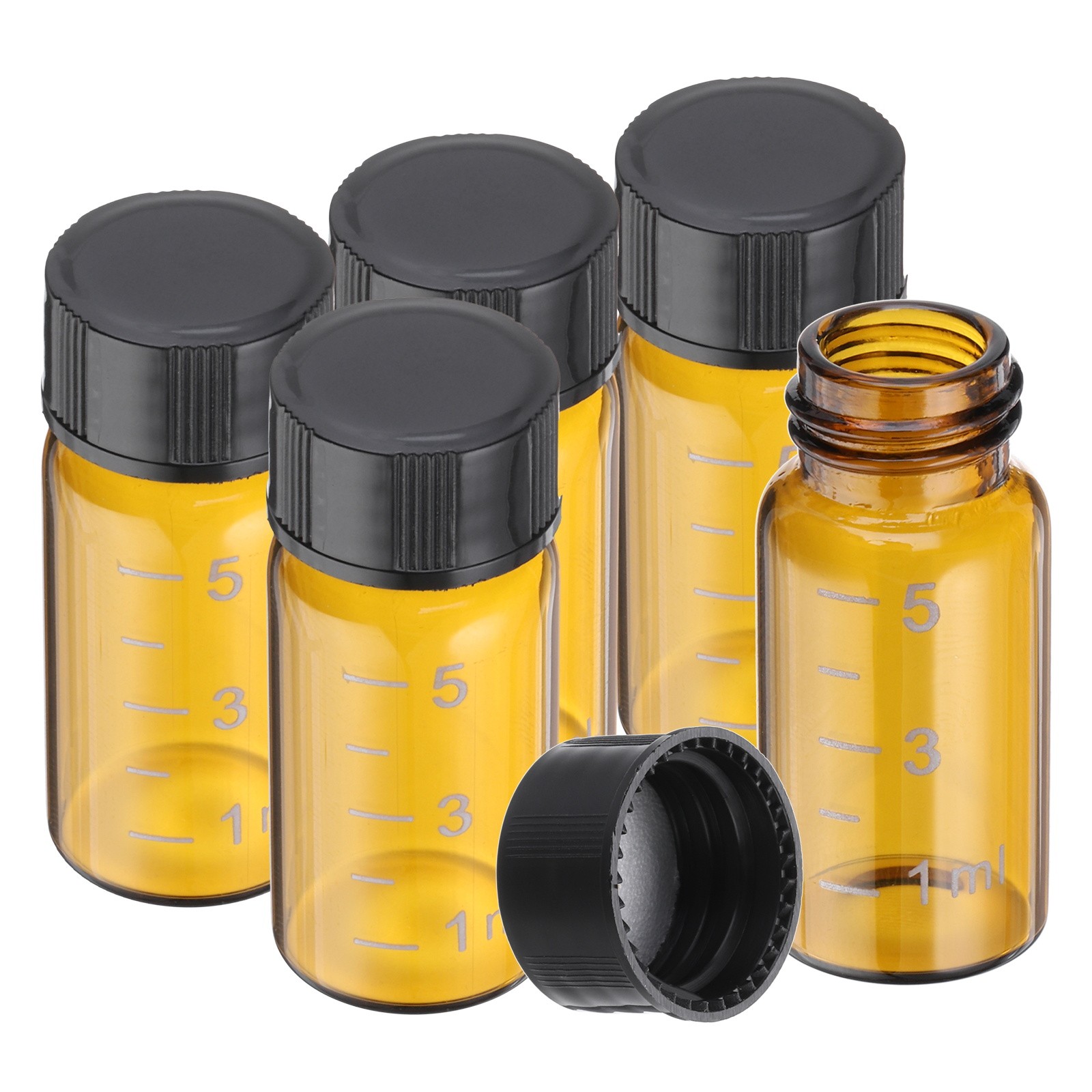 5 Pcs 5ml Amber Glass Vials with Black Screw Caps, Sealed Bottles with Scale