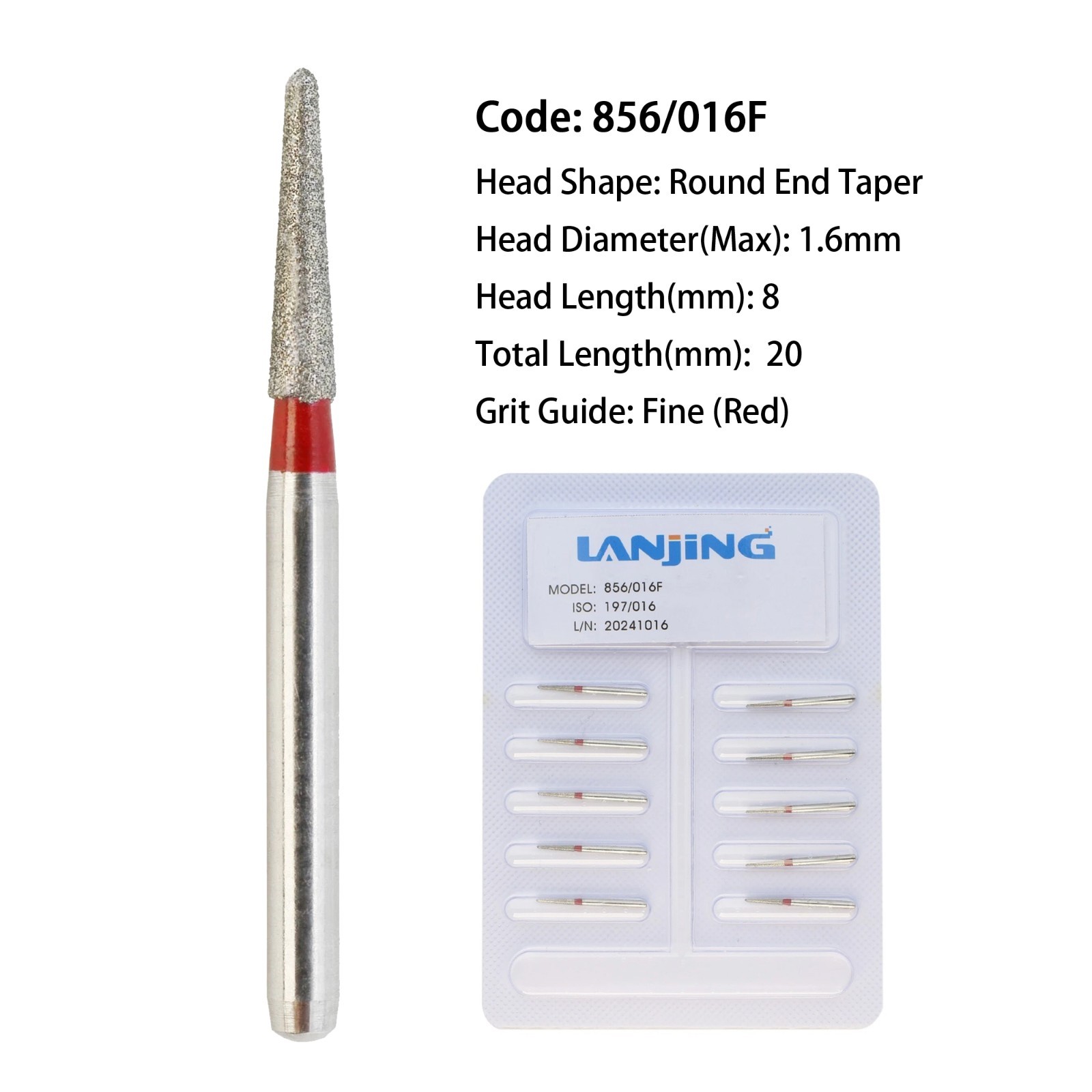 Dental Diamond Burs FG Round End Taper 856/016F Fine Grit Red High Speed Bur