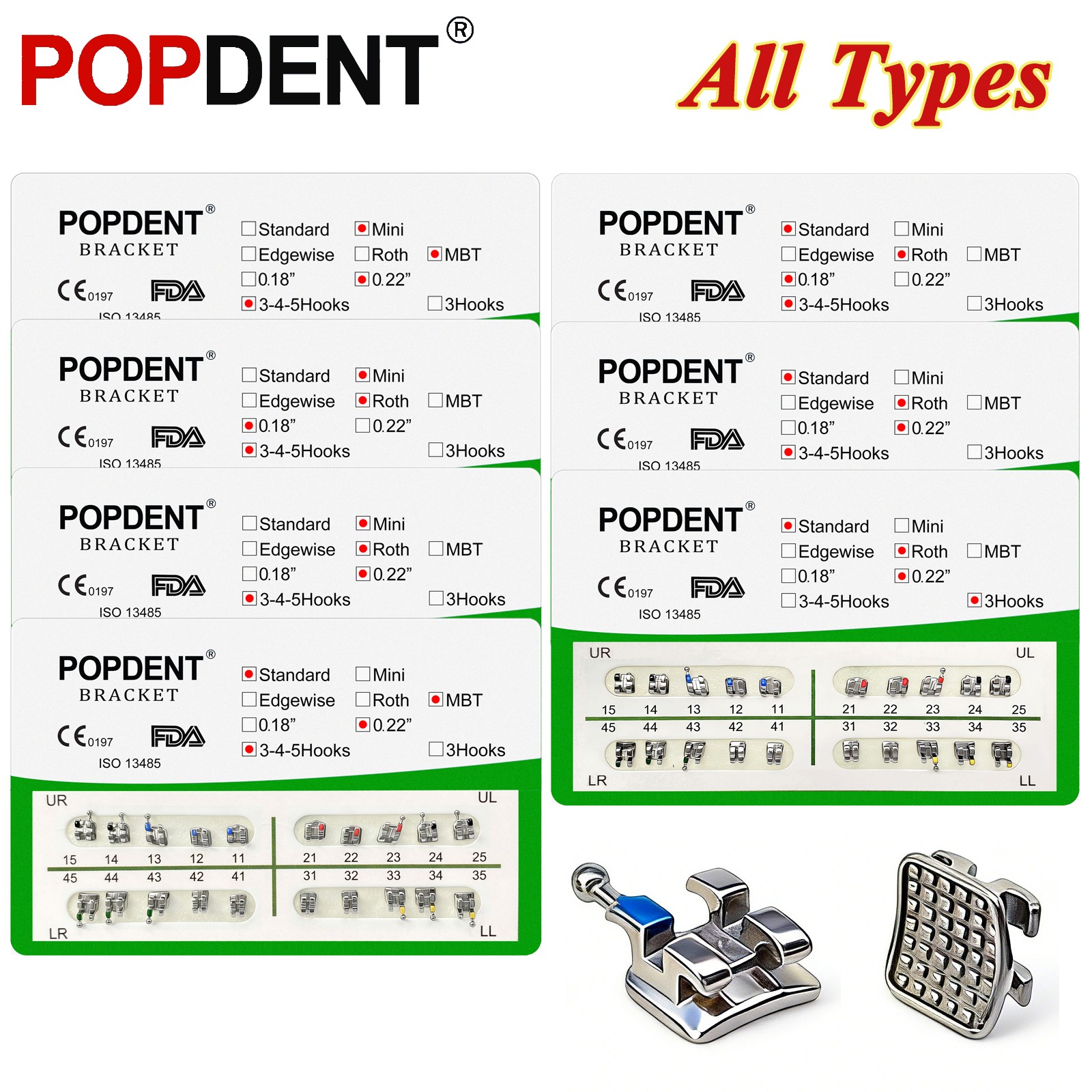 POPDENT Dental Orthodontic Metal Brackets MIM MBT/ROTH 022/018 345H Monoblock