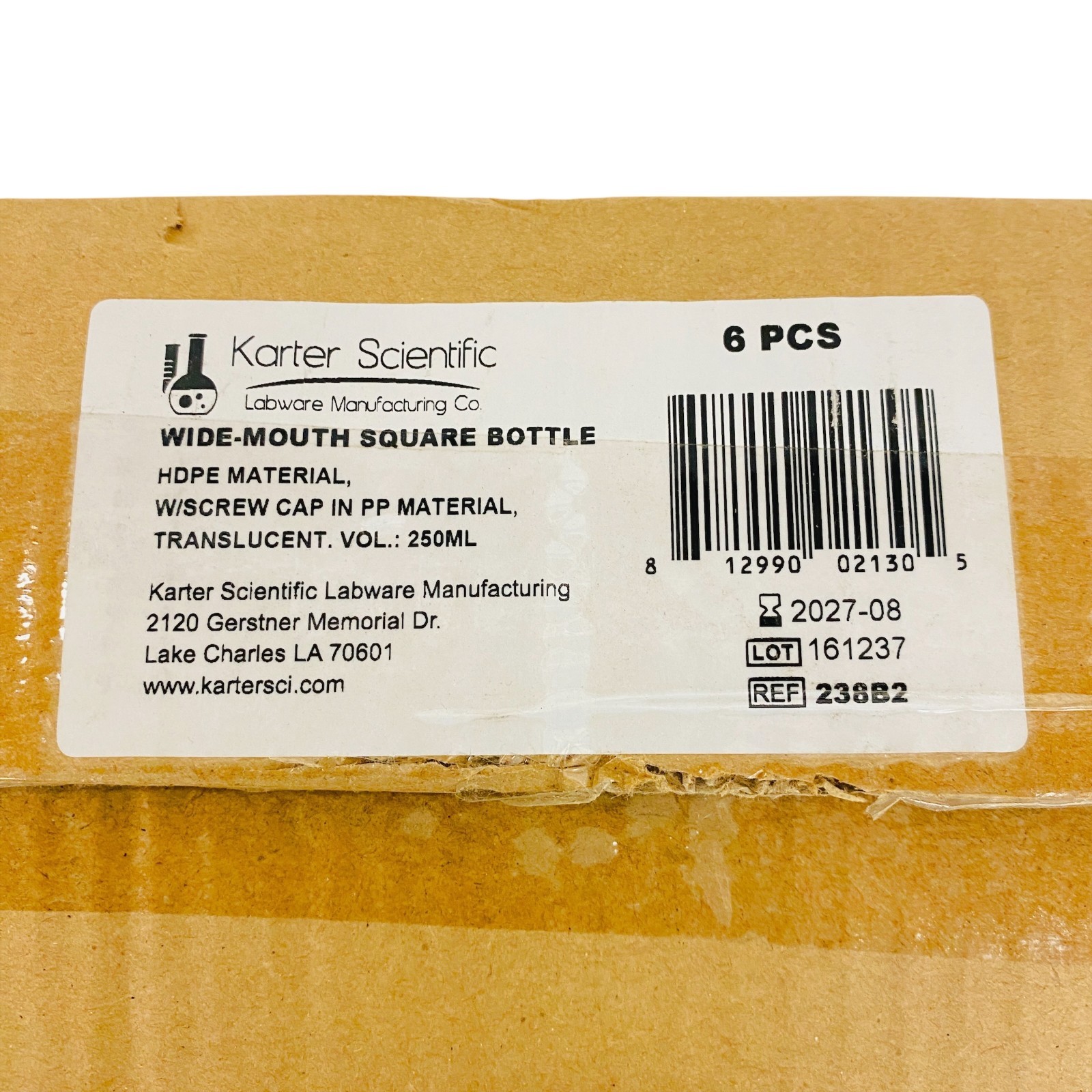 Karter Scientific 250mL Wide-Mouth Square HDPE Bottles 238B2 w/ PP Caps, 6-Pack