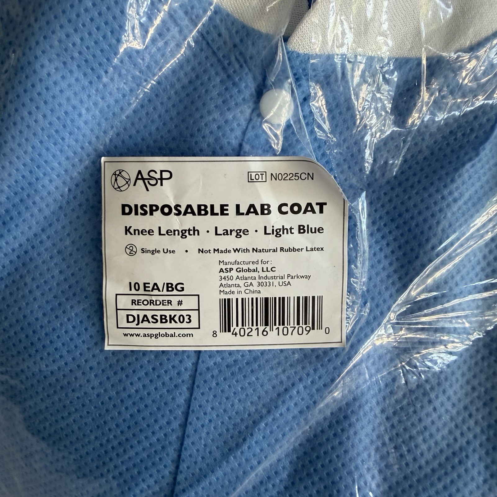 6 Pk Disposable Lab Coats Knee Length Blue Size L Knit Collar Cuff 3 Pocket