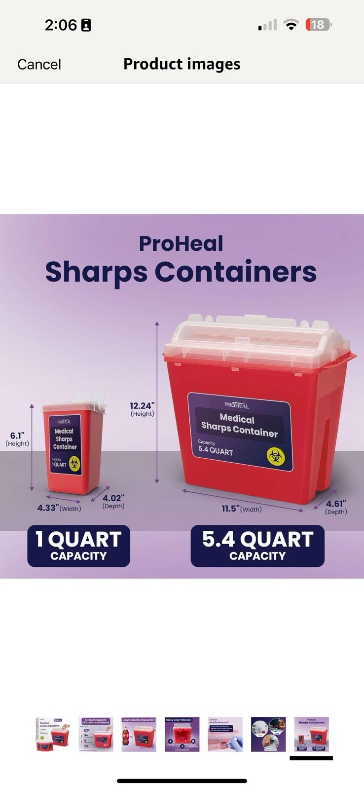 ProHeal Sharps Container 5.4 Quart Needle Disposal Biohazard Waste Bin 2 Pack