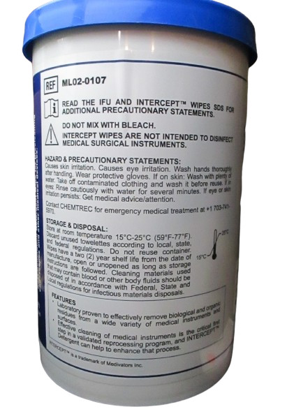 Medivators Intercept Detergent Wipes for Endoscopes and Medical Equip 7×10 100ct