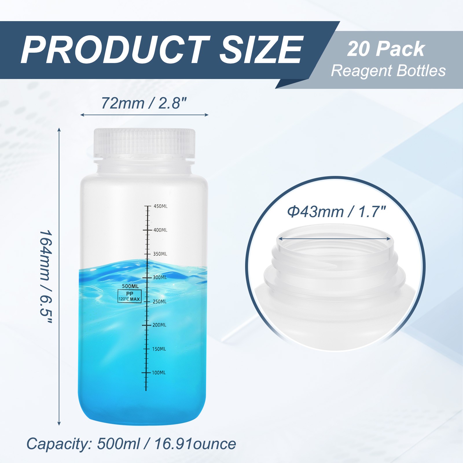 20Pcs Plastic Sample Bottles with Screw Caps, 17 oz 500ml Reagent Bottles, Clear