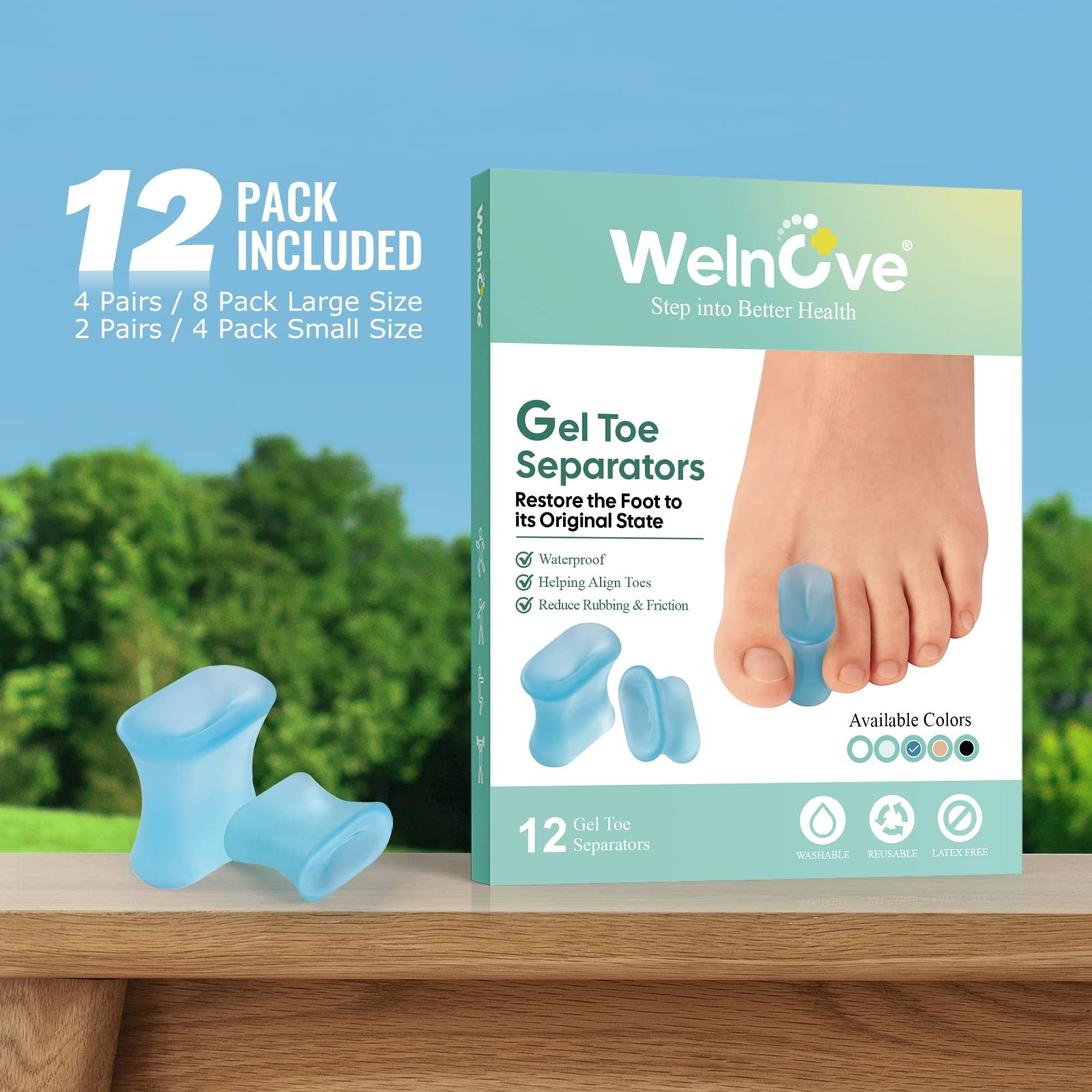 Welnove Upgraded Gel Toe Separators – 12-Pack Bunion Large, Blue (Classic)