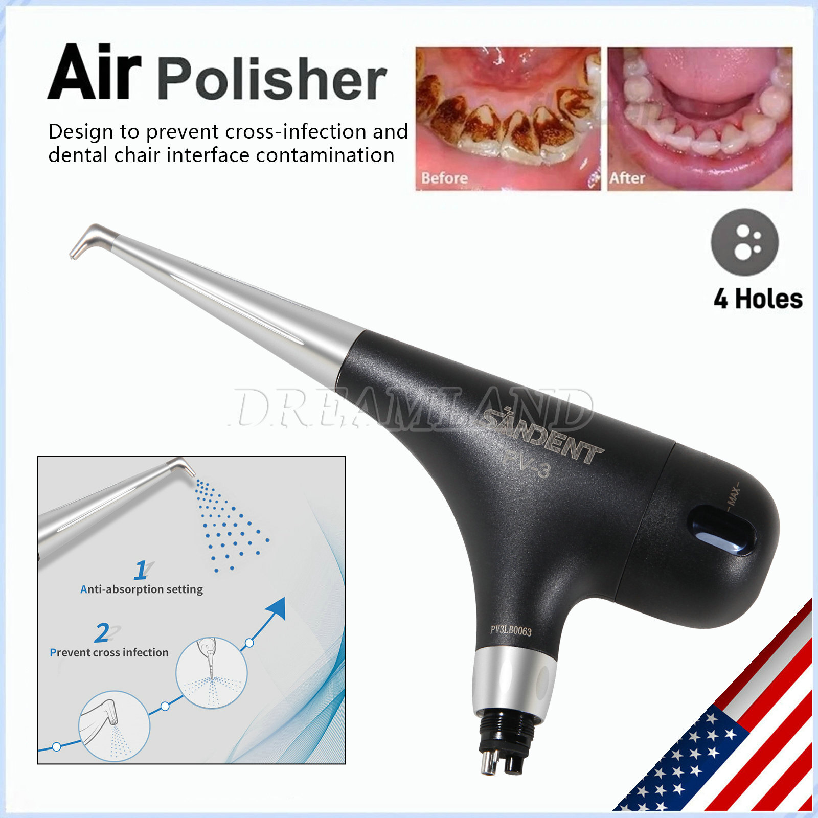 Dental 4 Hole Air Prophy Flow Teeth Polishing Polisher Handpiece Hygiene PV3 BLA