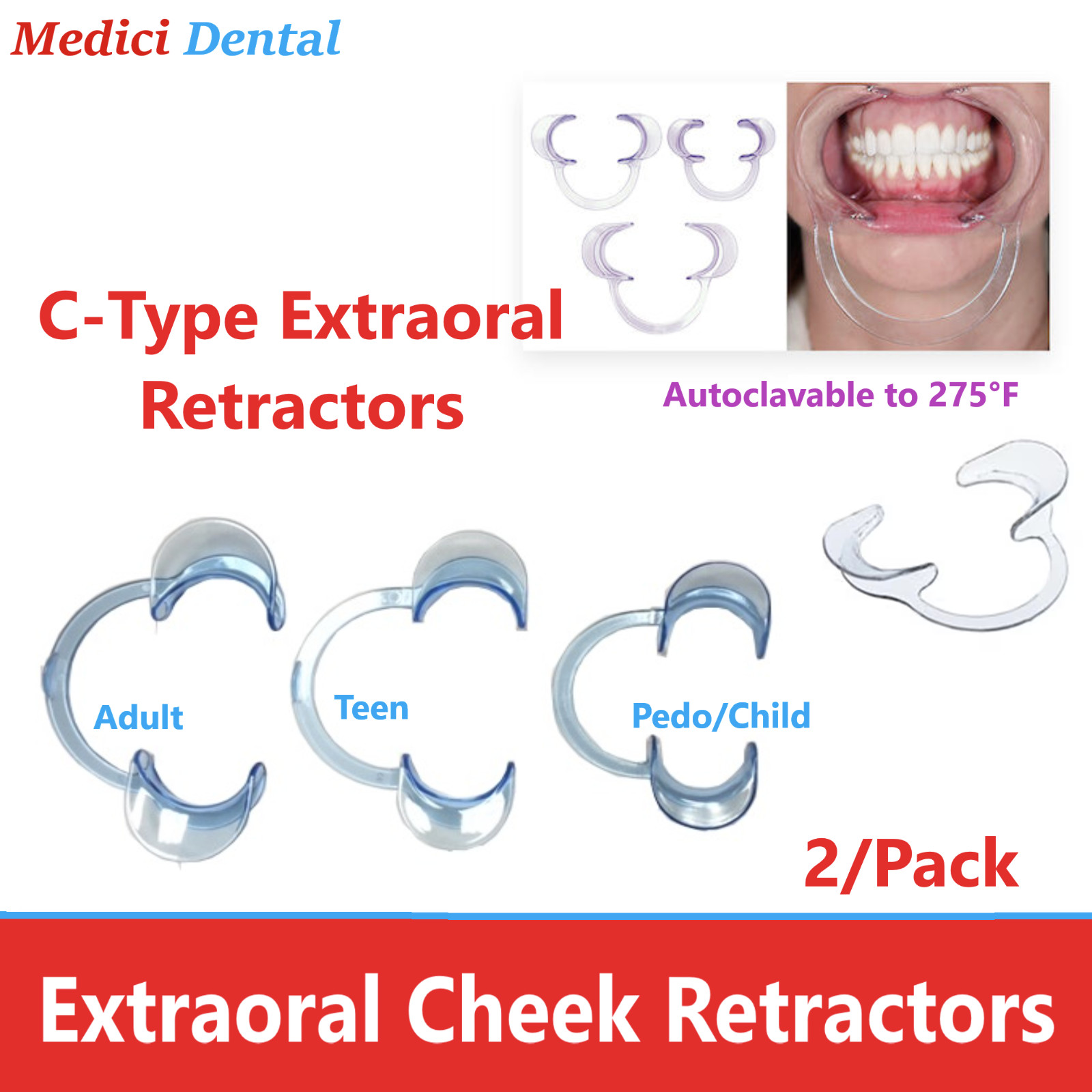 C-Type Dental Extraoral Cheek Retractors Handfree Autoclave Adult Pedo Teen, 2Pk