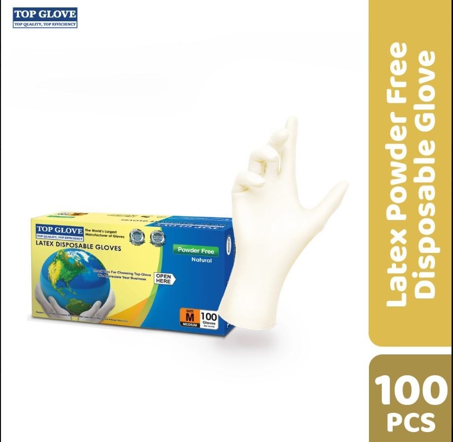 Top Glove Latex Disposable Powder Free Glove, Natural Color |100 Pcs Per Box|