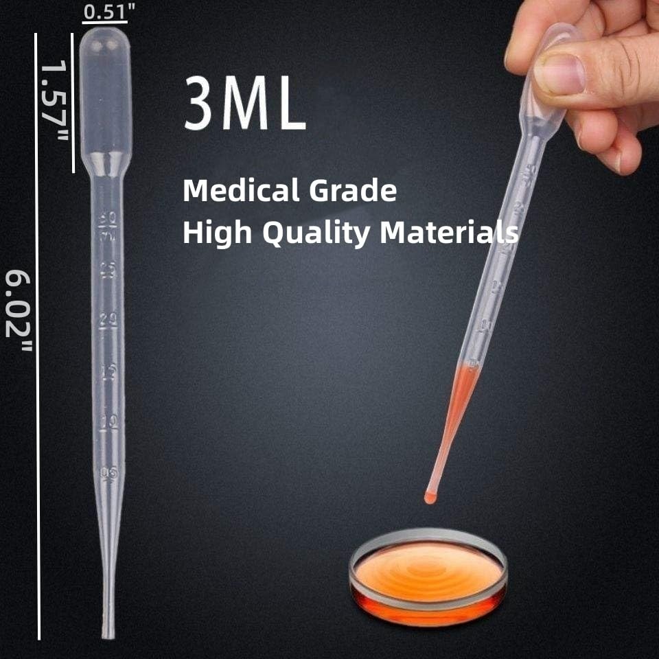 50-Pack 3ml Disposable Pipettes with Graduated Scale for Precise Liquid Transfer