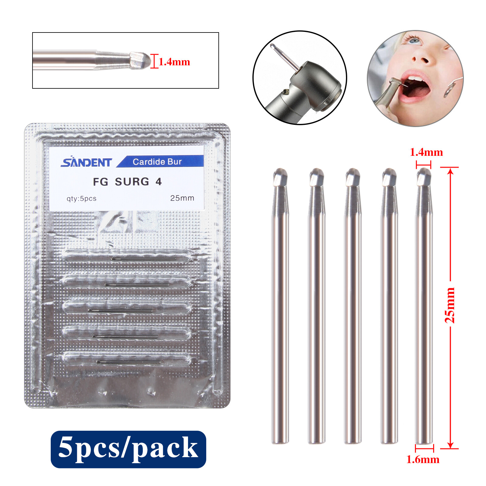 Dental Surgical Tungsten Carbide Bur Round Bur Head 1.4mm FG SURG Length 25mm po