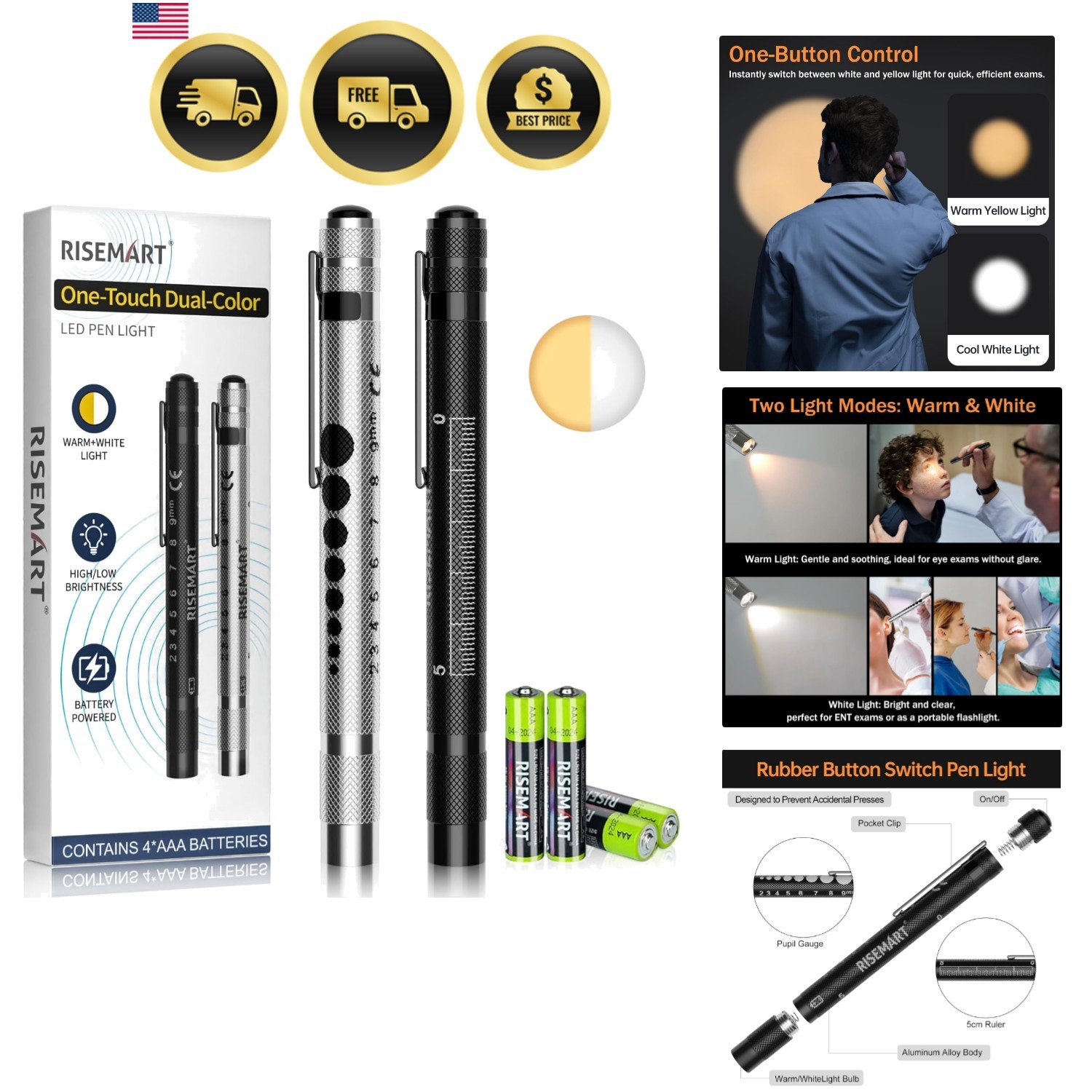 2 Pack Pen Light for Nurse, Medical Penlight with One-Button Switch for White…