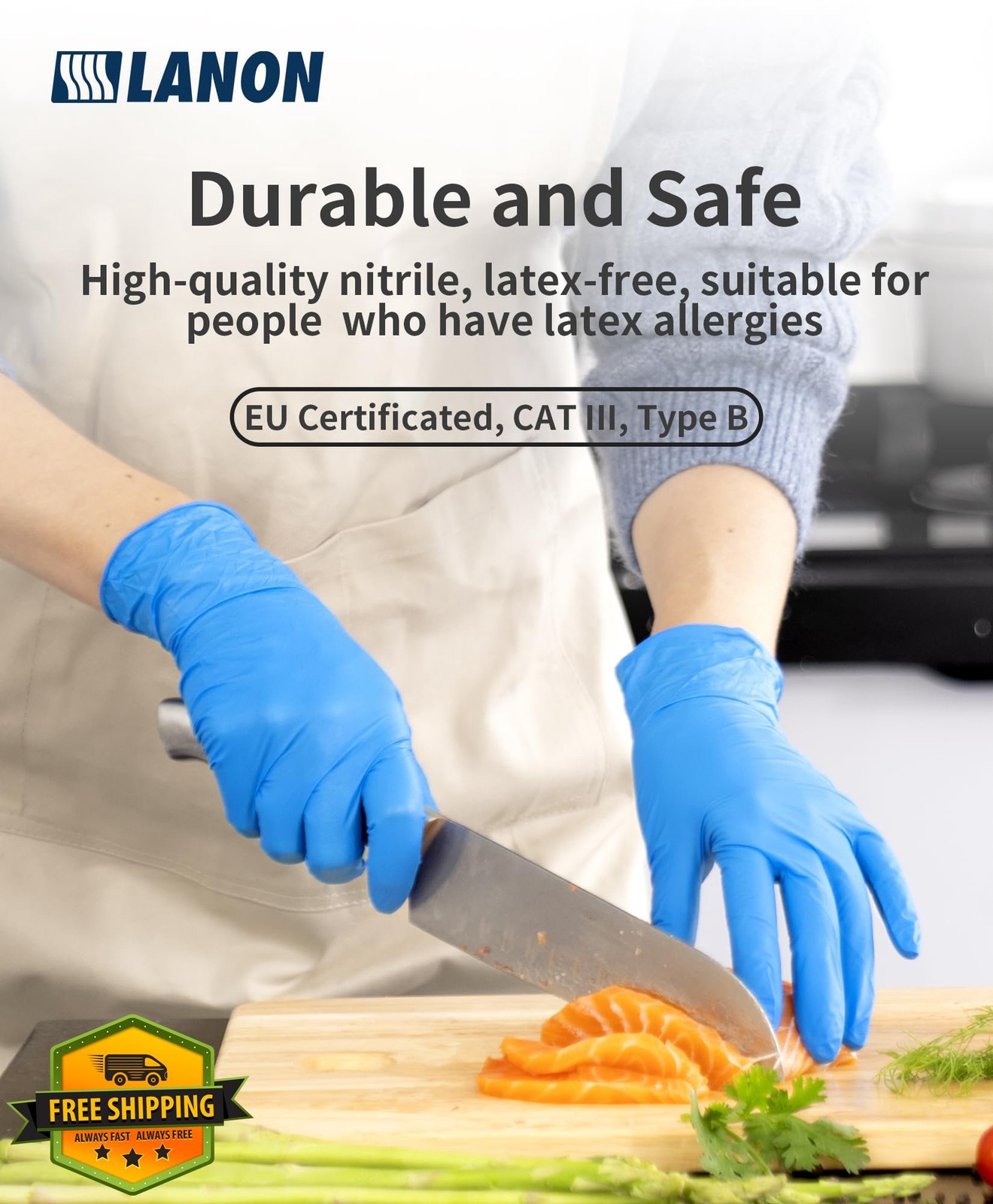 LANON Blue Nitrile Gloves Large 100 Pack
