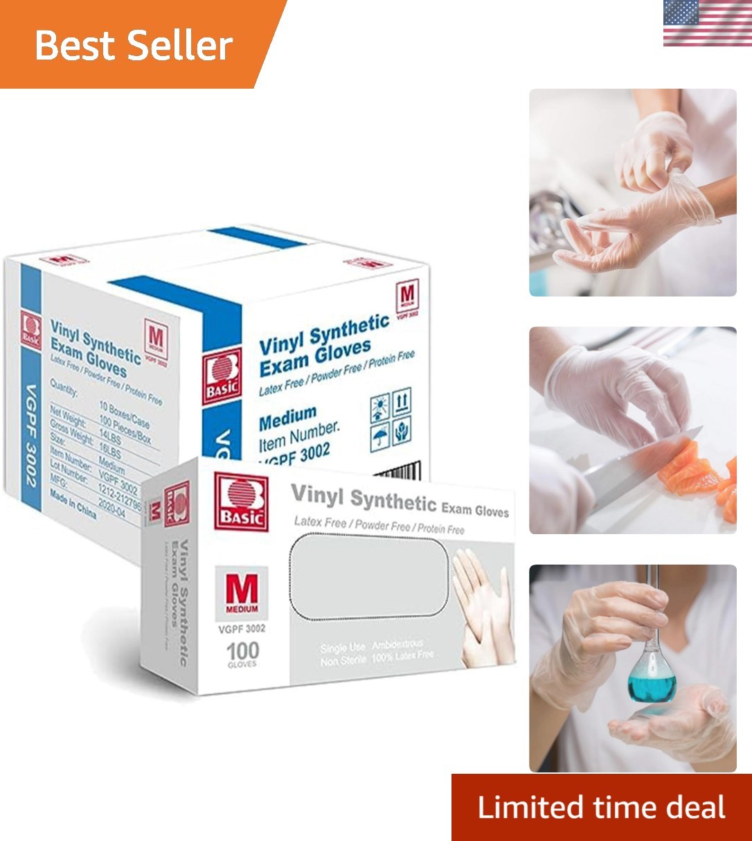 Basic Medical Vinyl Exam Gloves Disposable Latex Free Medium, Powder-Free, Cl…