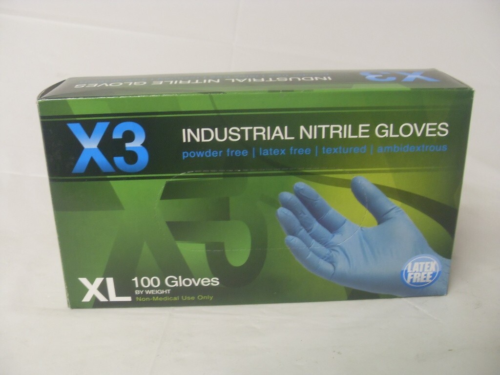 AMMEX X348100BX X3 Nitrile Industrial Latex Powered XL Gloves, Blue – 100 Count