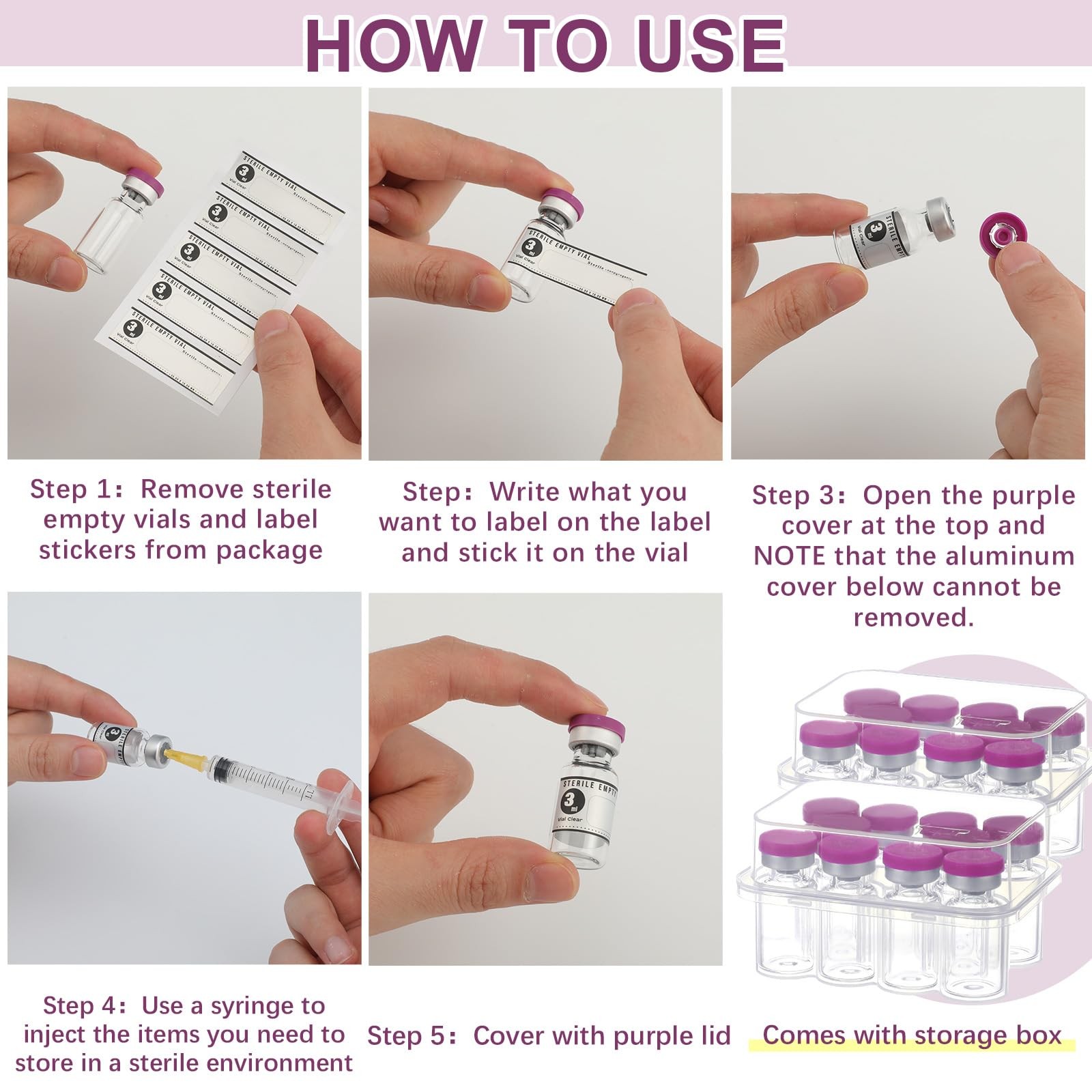 Threlaco 20 Pcs 3ml Sealed Sterile Empty Vials with Self Healing Purple